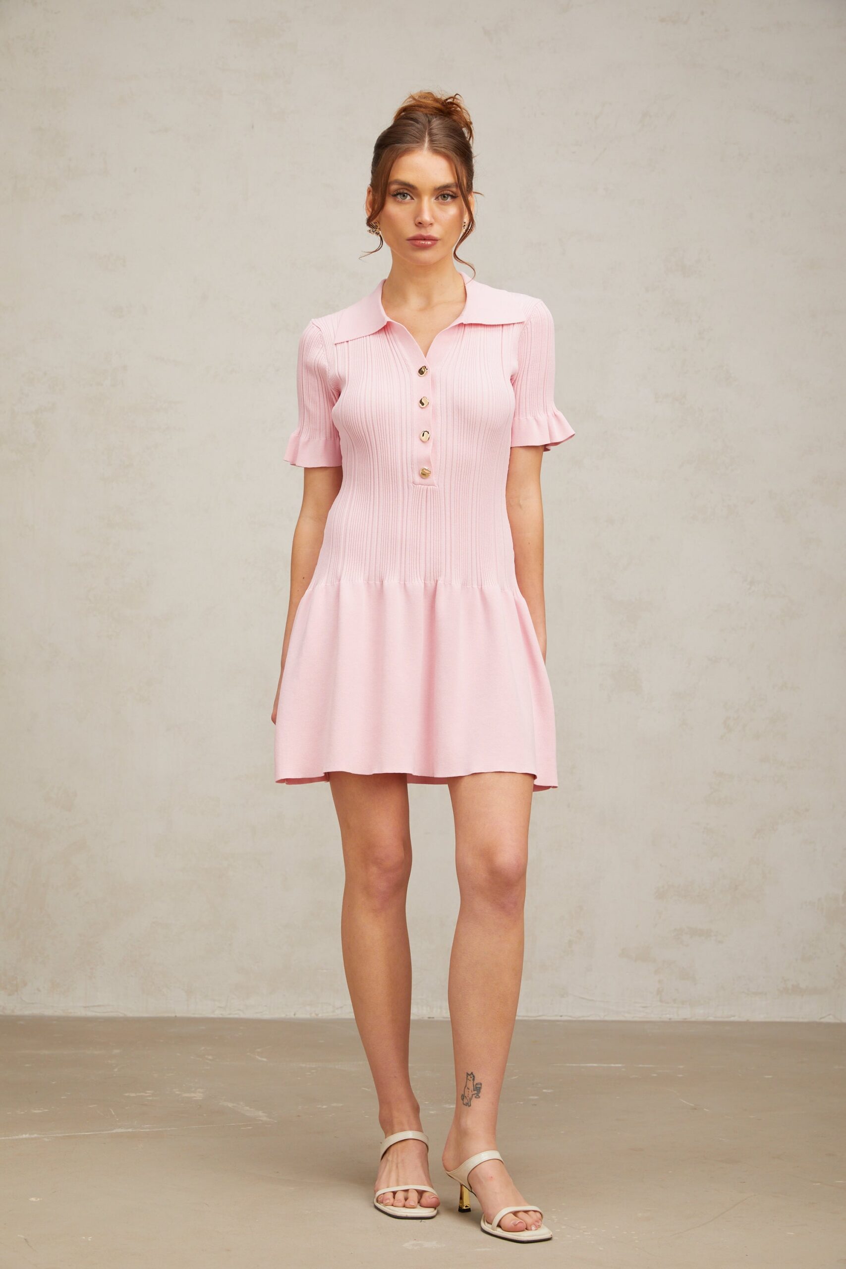 NOLWENN PINK FLARED KNIT MINI DRESS