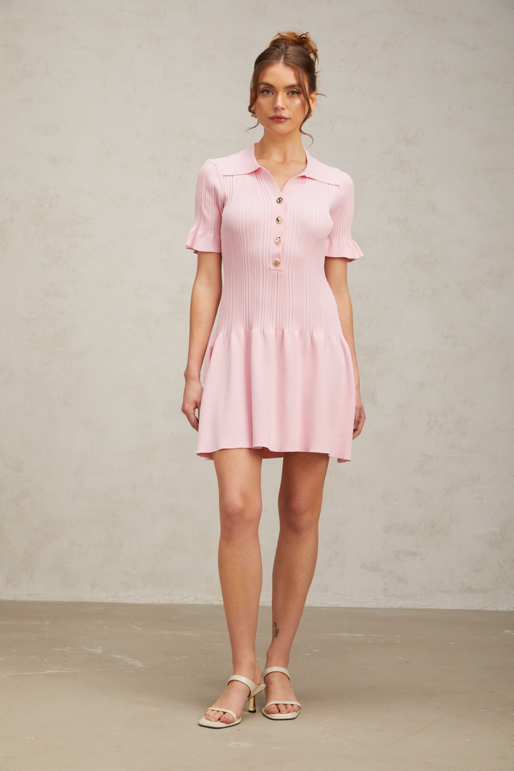 NOLWENN PINK FLARED KNIT MINI DRESS