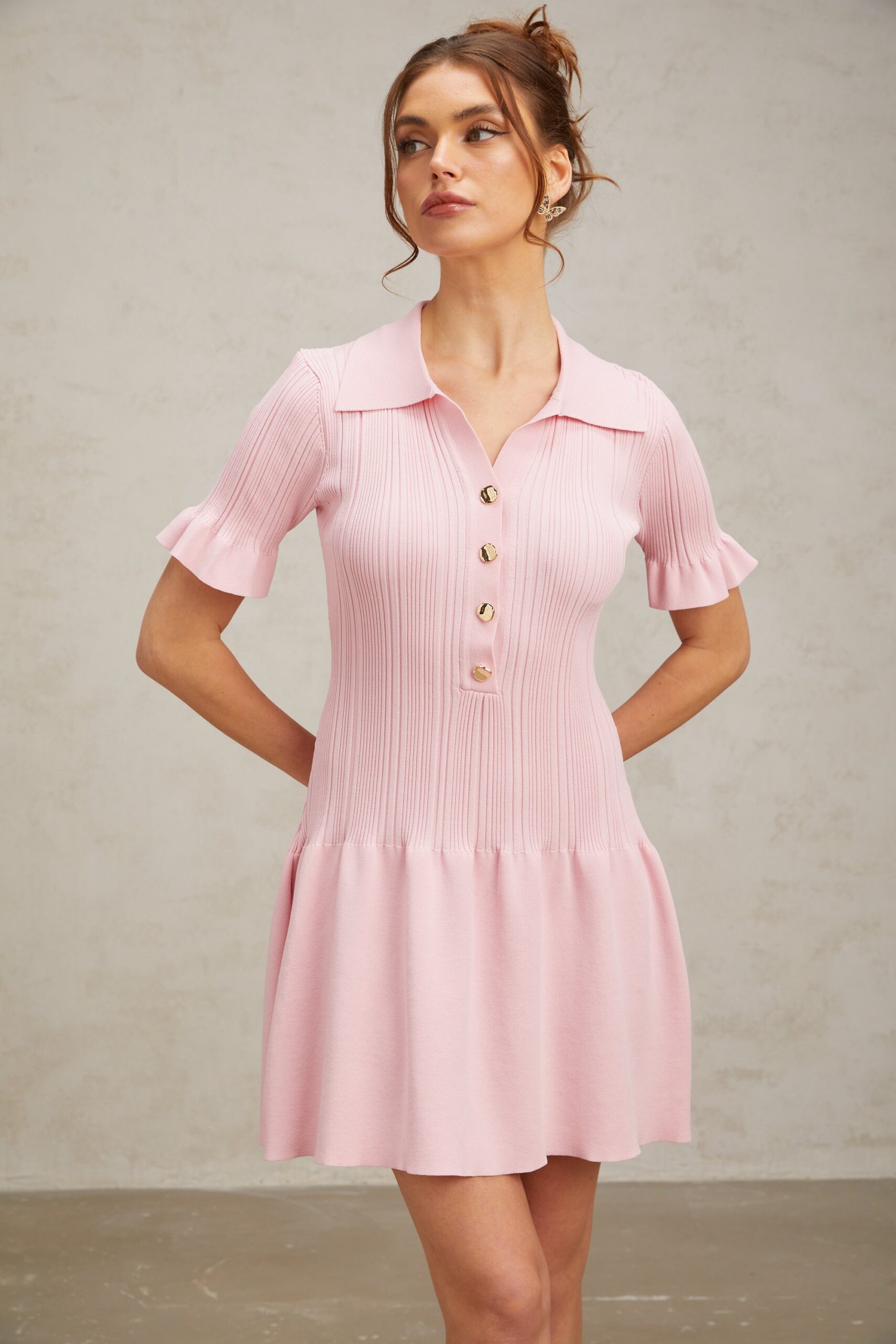 NOLWENN PINK FLARED KNIT MINI DRESS