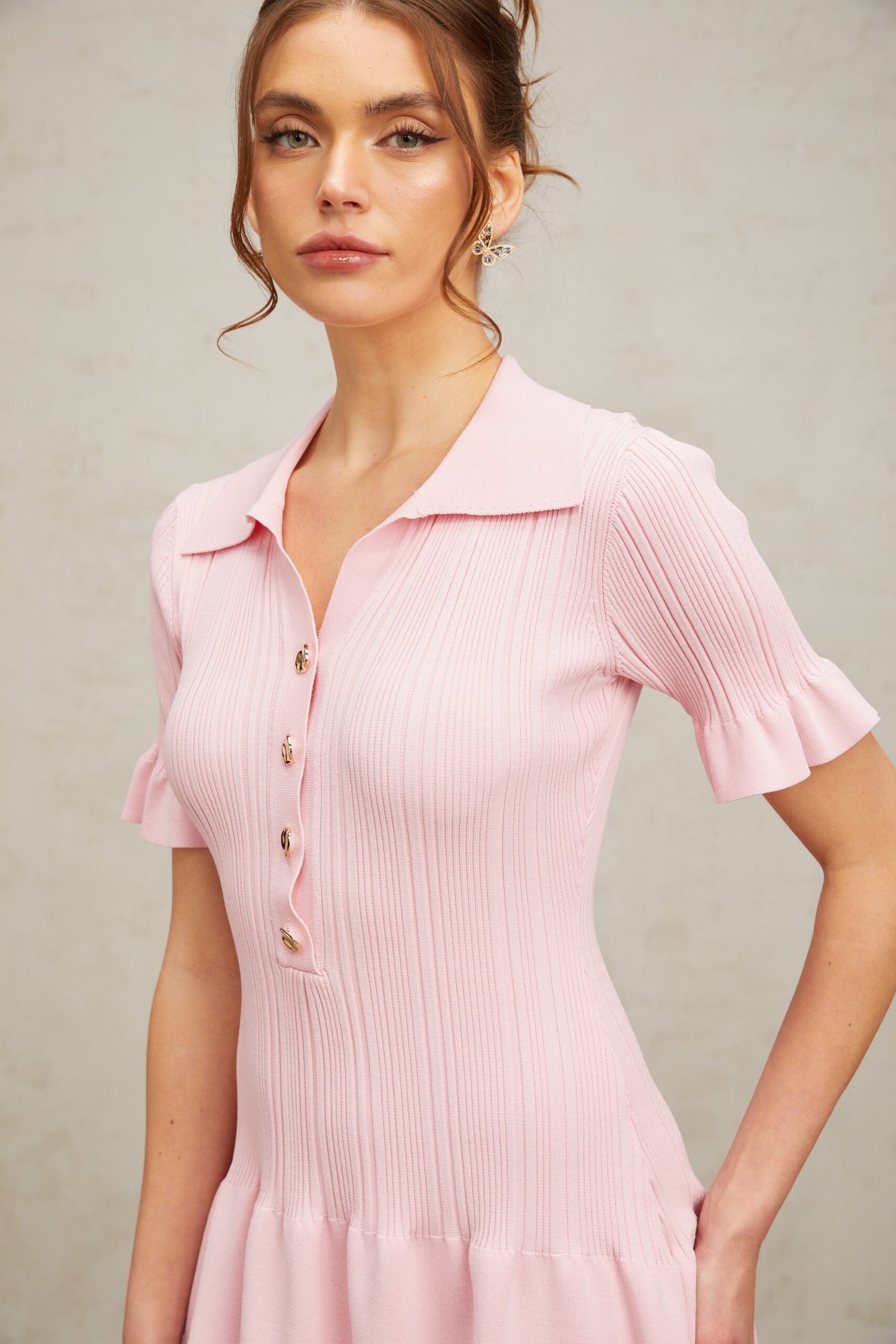 NOLWENN PINK FLARED KNIT MINI DRESS