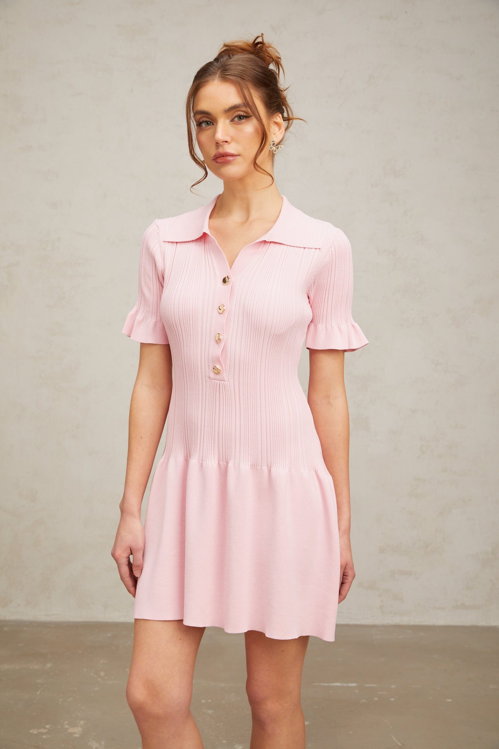 NOLWENN PINK FLARED KNIT MINI DRESS
