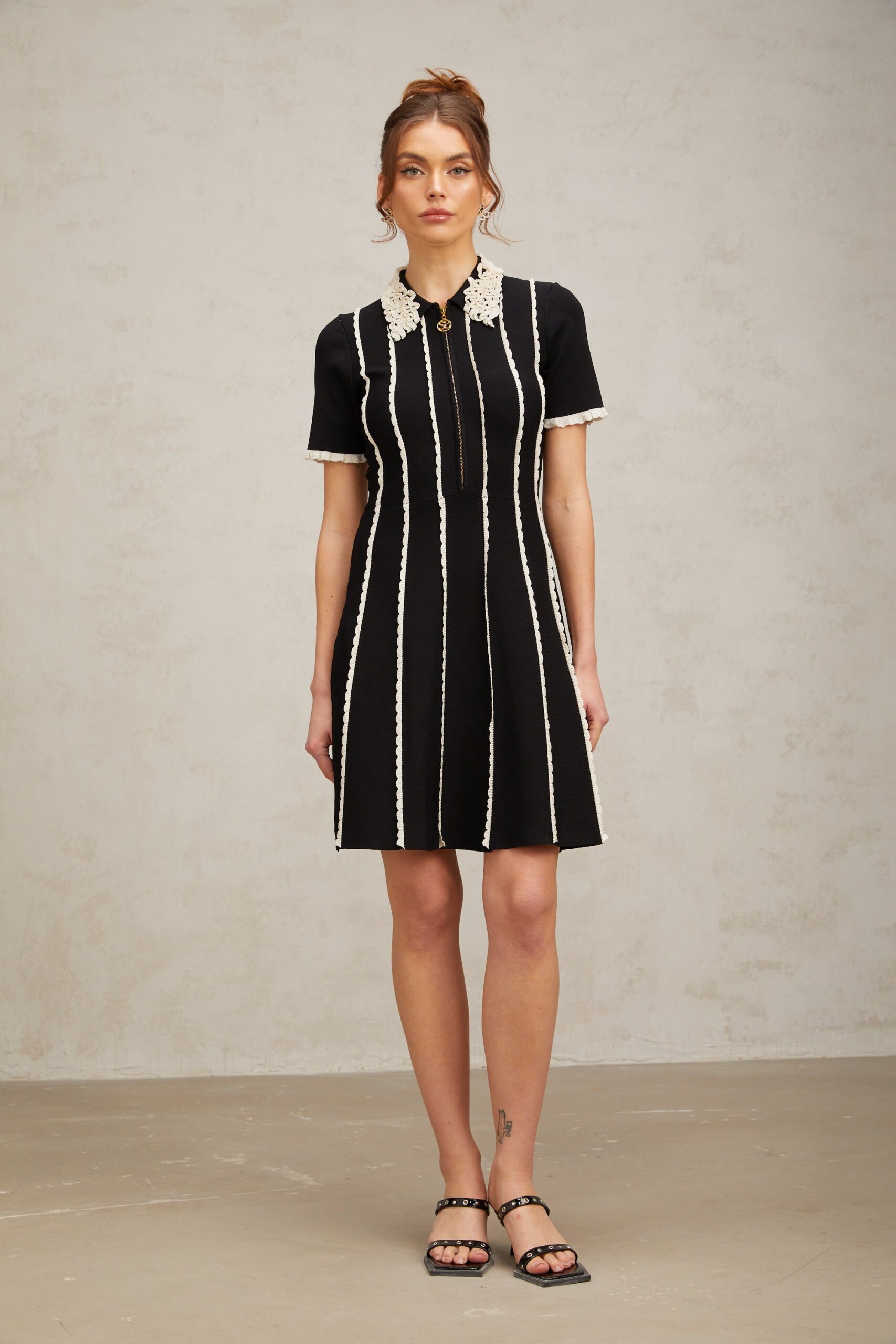 ZAZIE BLACK STRIPED RUFFLE MINI DRESS