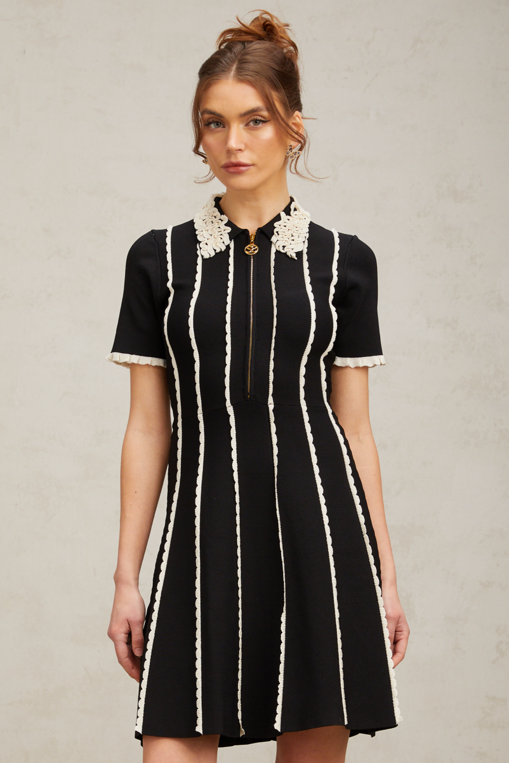 ZAZIE BLACK STRIPED RUFFLE MINI DRESS