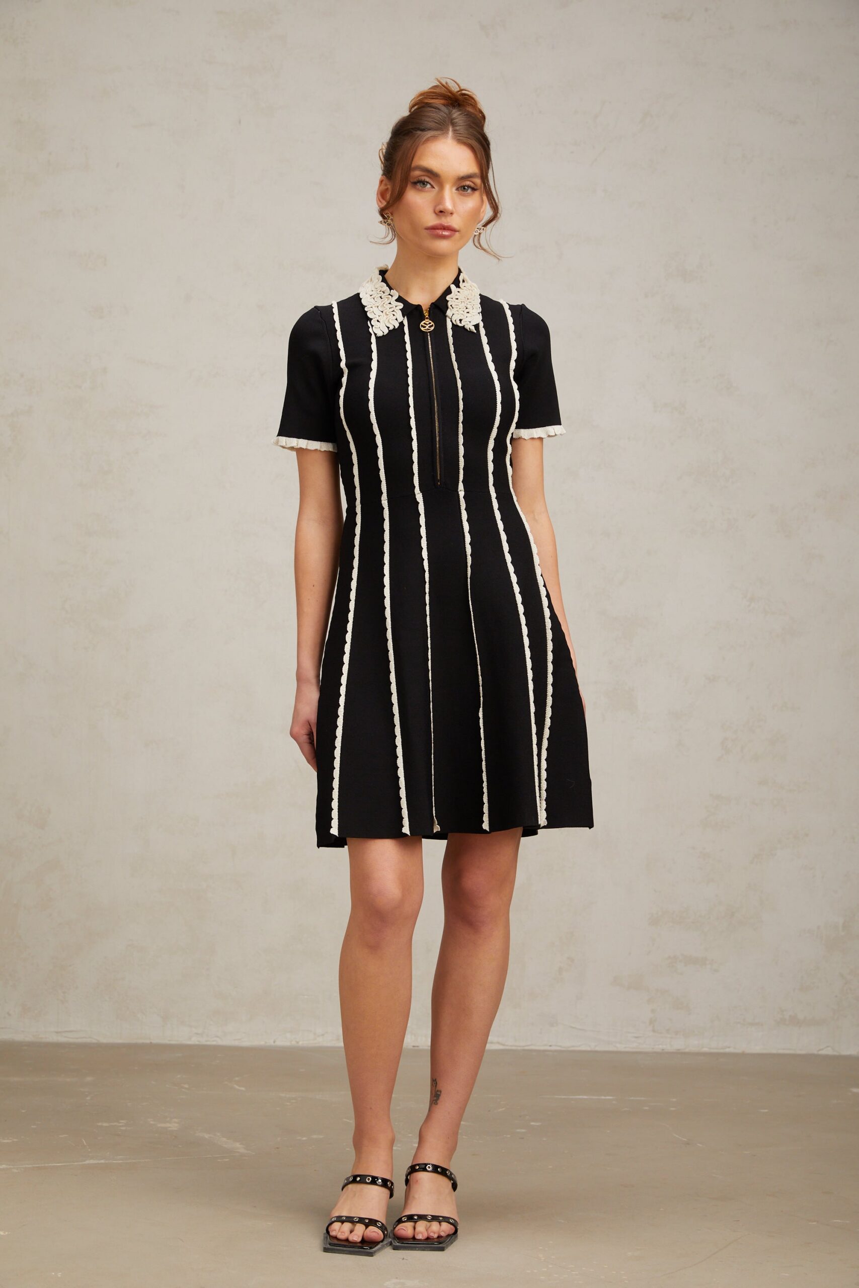 ZAZIE BLACK STRIPED RUFFLE MINI DRESS
