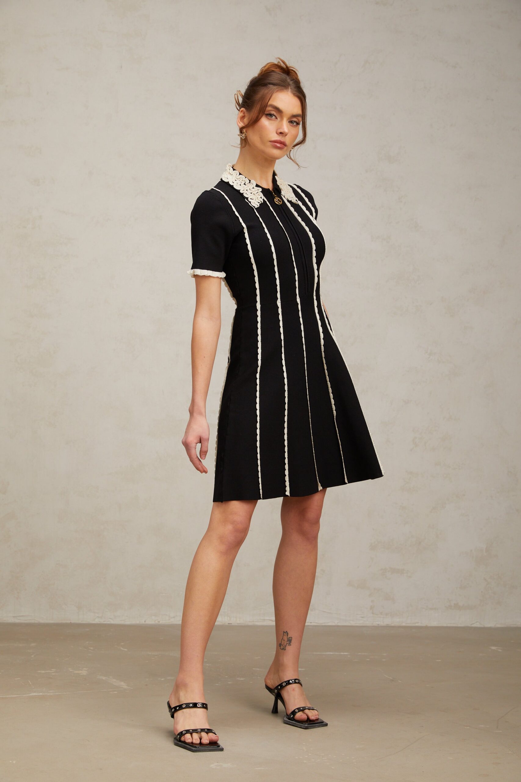 ZAZIE BLACK STRIPED RUFFLE MINI DRESS