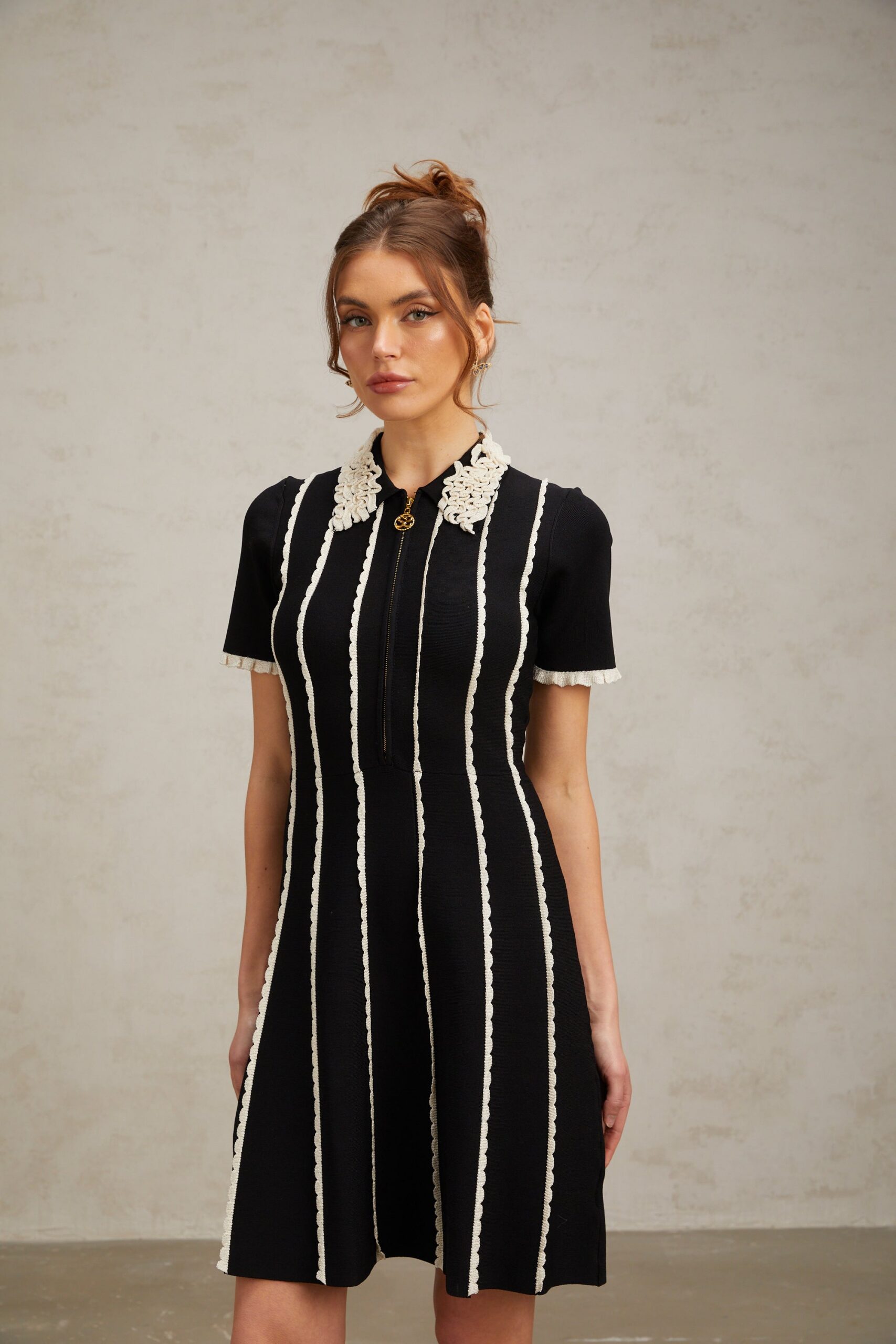 ZAZIE BLACK STRIPED RUFFLE MINI DRESS