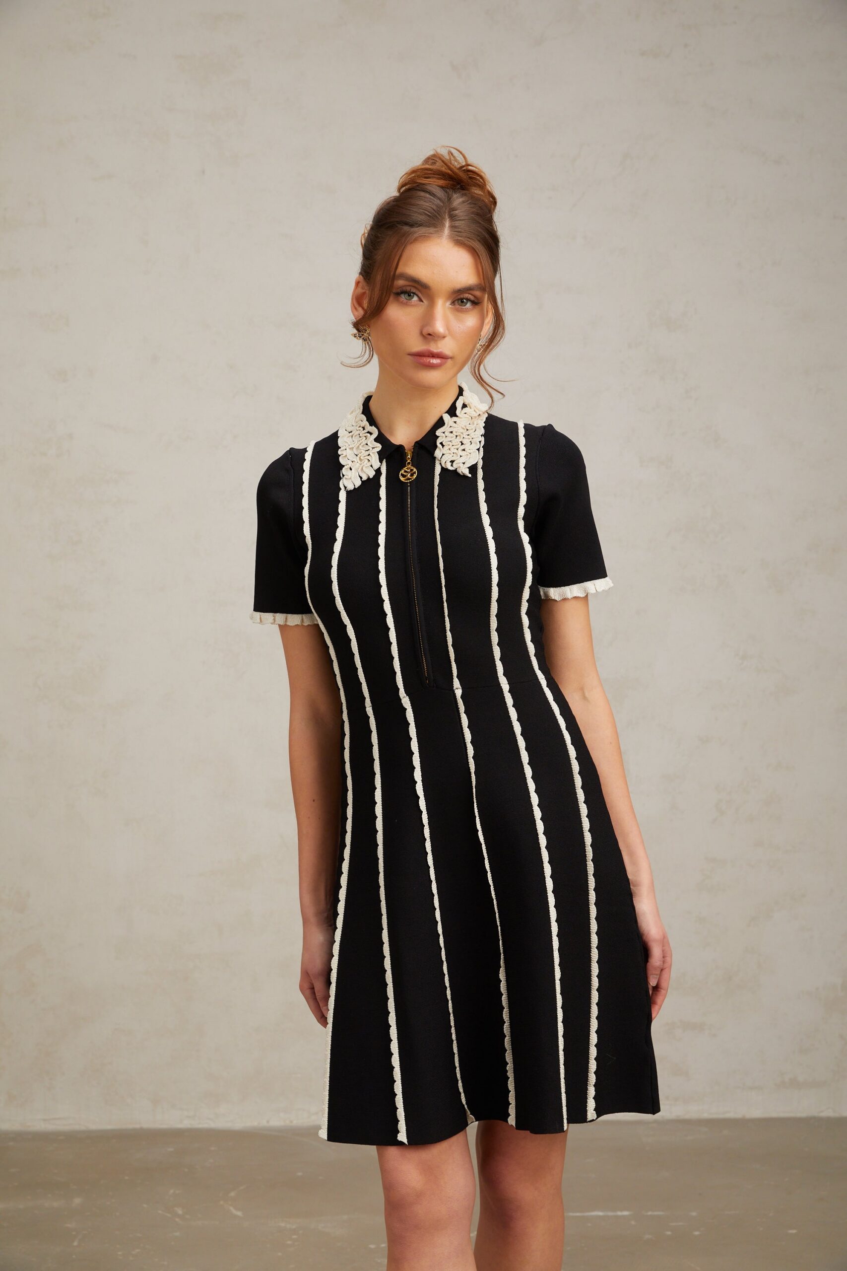 ZAZIE BLACK STRIPED RUFFLE MINI DRESS