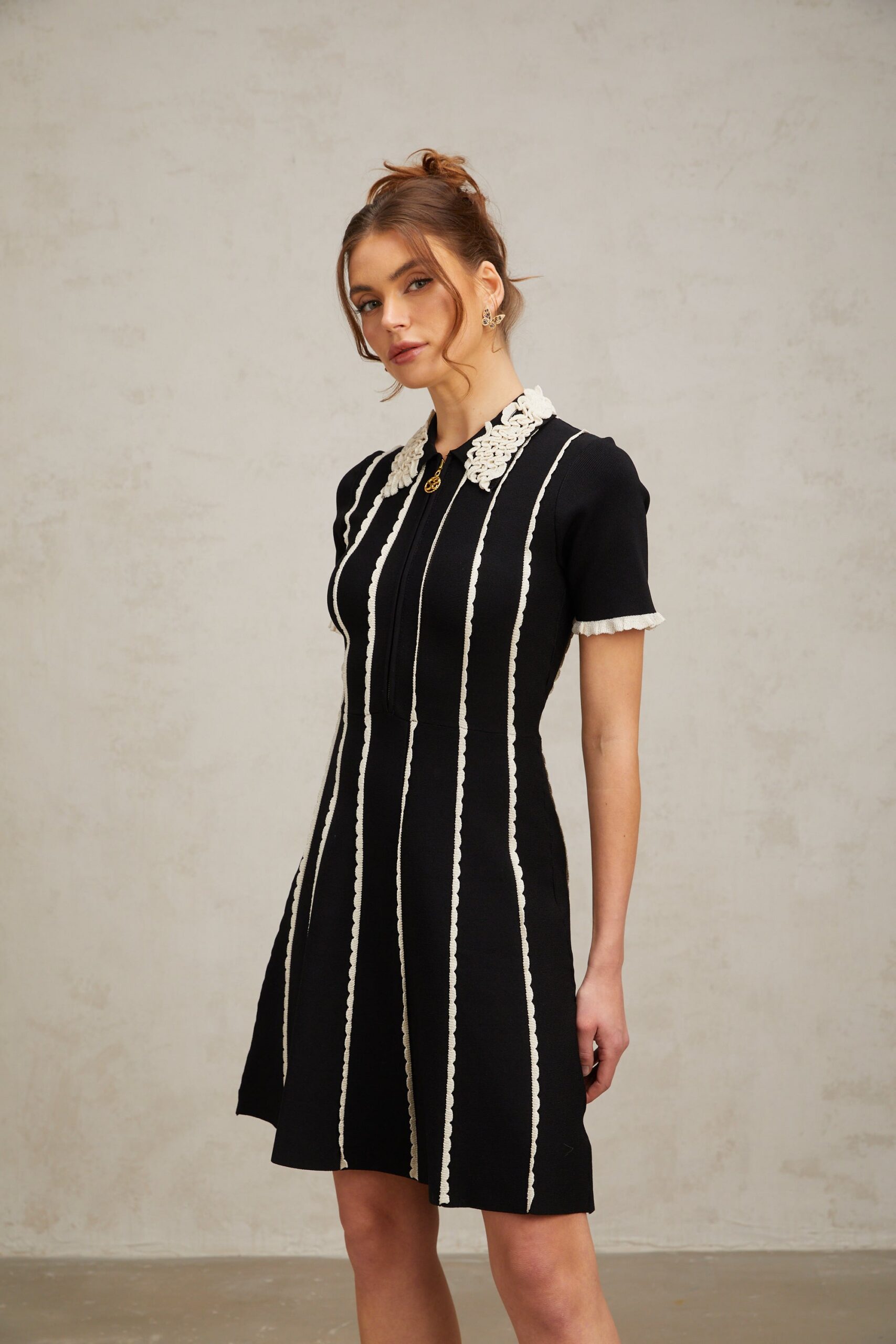 ZAZIE BLACK STRIPED RUFFLE MINI DRESS