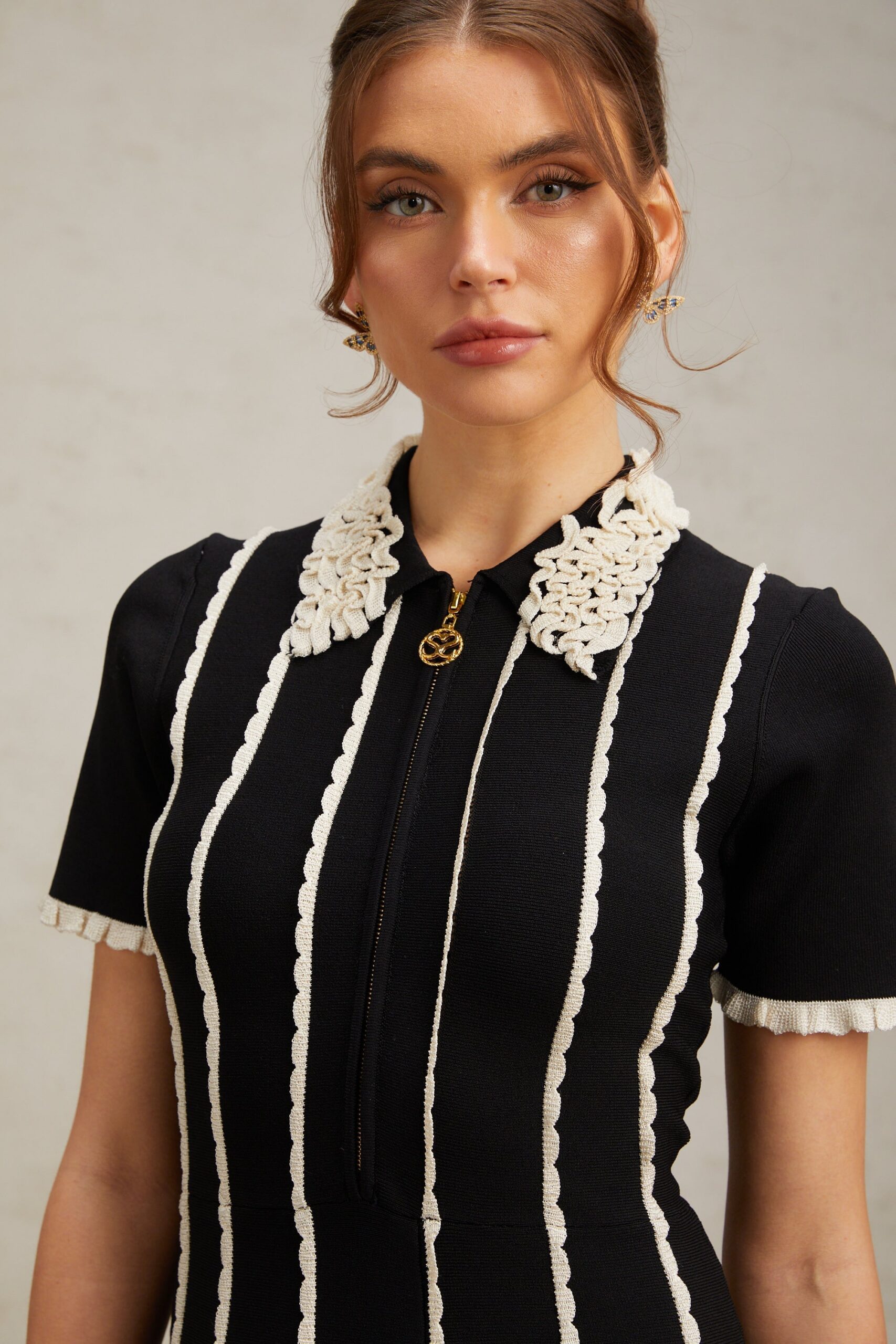 ZAZIE BLACK STRIPED RUFFLE MINI DRESS