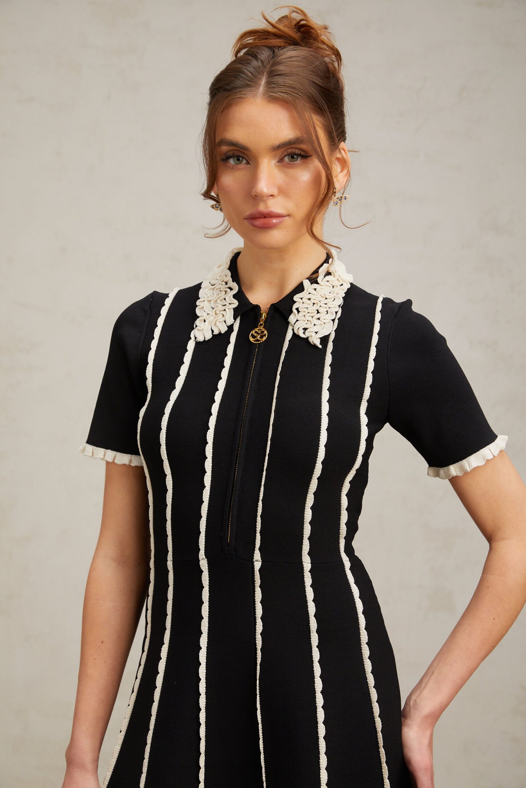 ZAZIE BLACK STRIPED RUFFLE MINI DRESS
