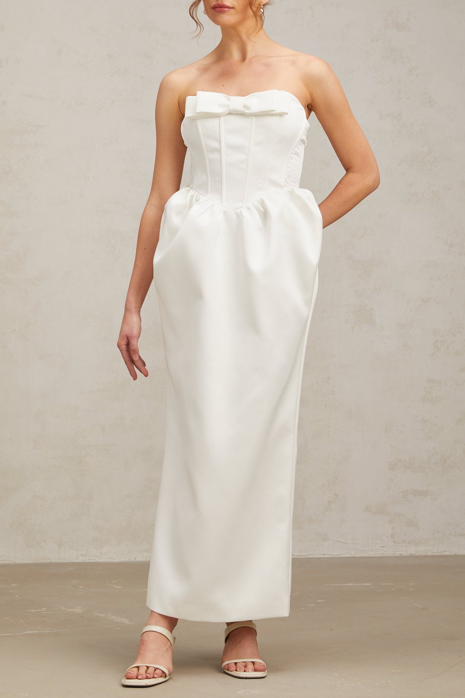 SATIN STRAPLESS WHITE MAXI DRESS, BOW DETAIL