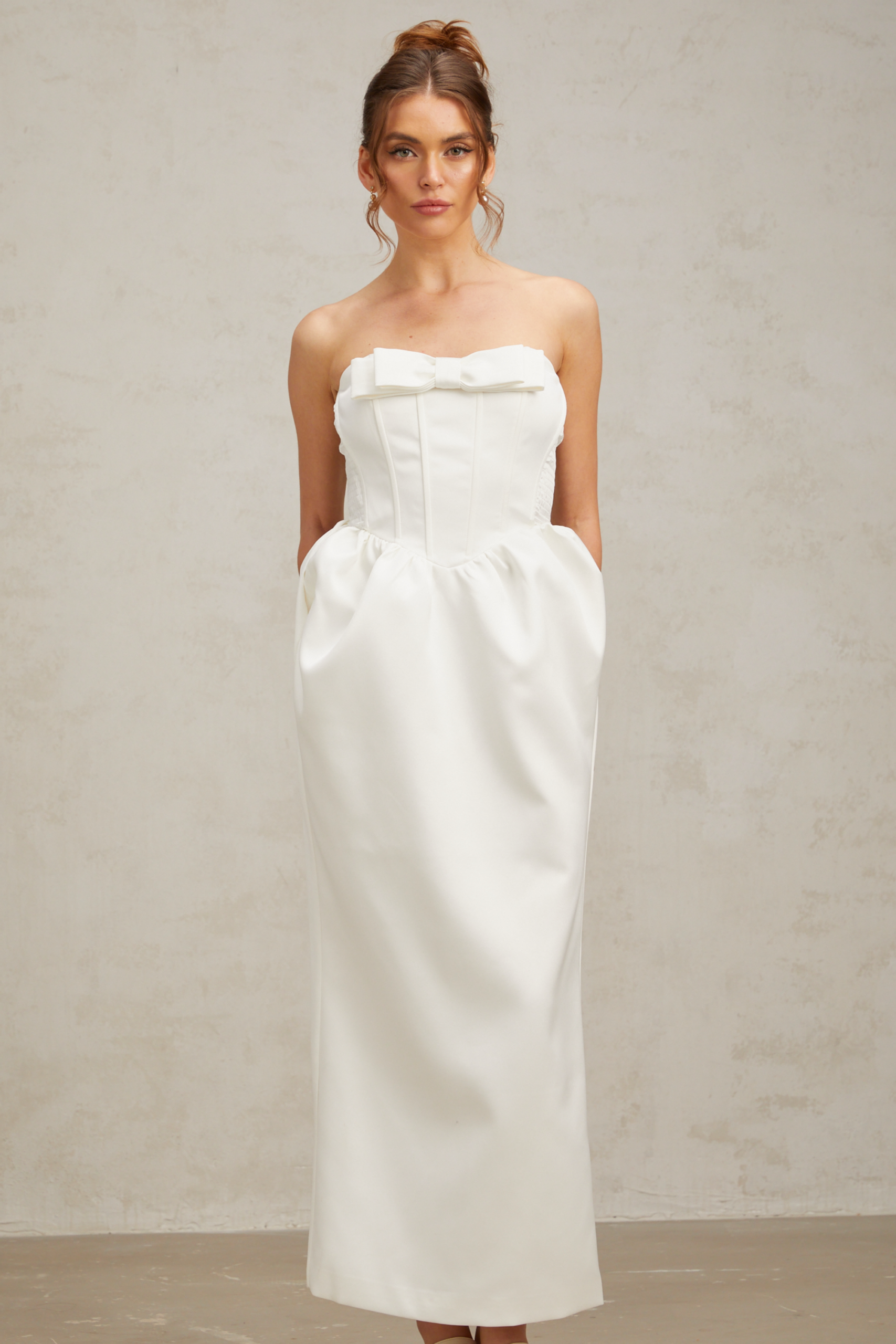 SATIN STRAPLESS WHITE MAXI DRESS, BOW DETAIL