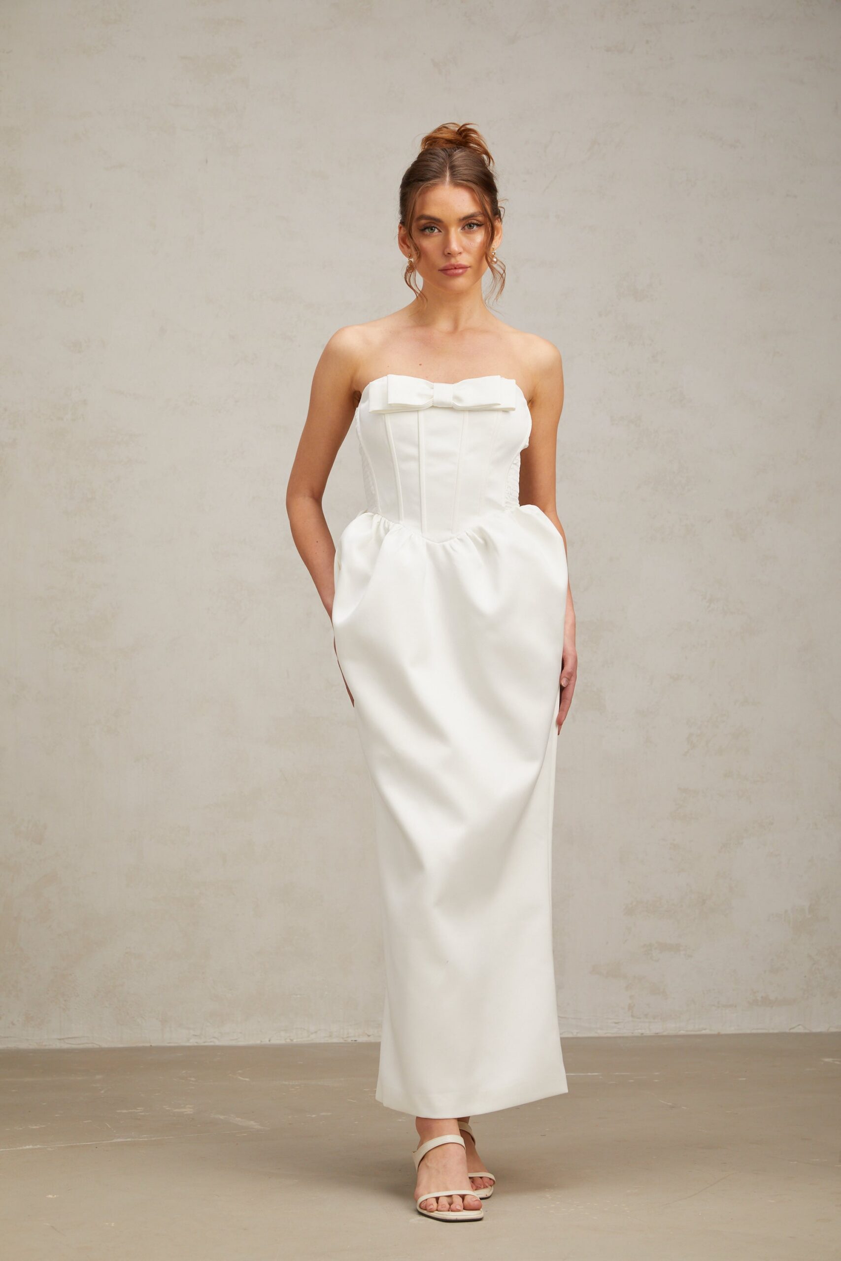 SATIN STRAPLESS WHITE MAXI DRESS, BOW DETAIL