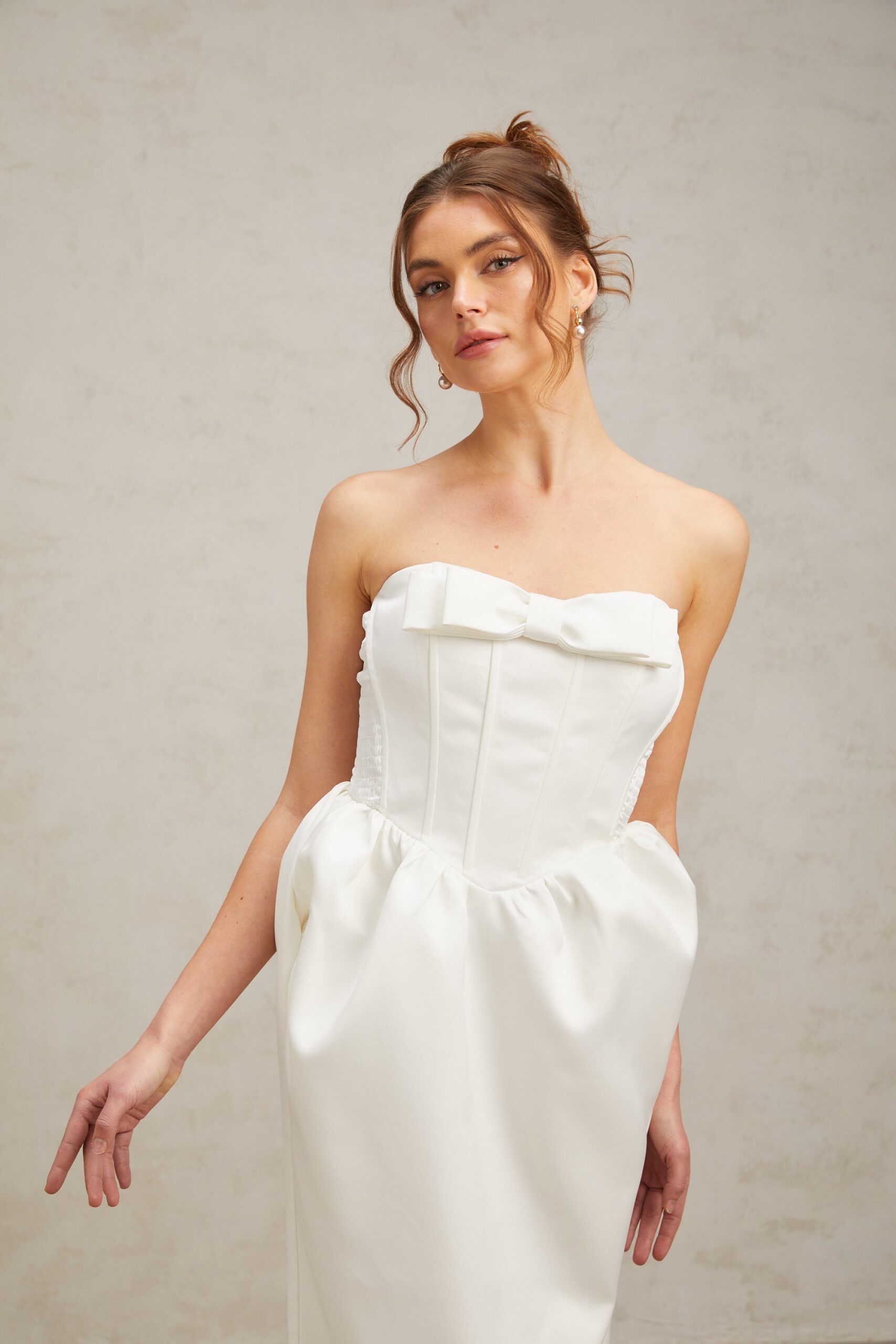 SATIN STRAPLESS WHITE MAXI DRESS, BOW DETAIL