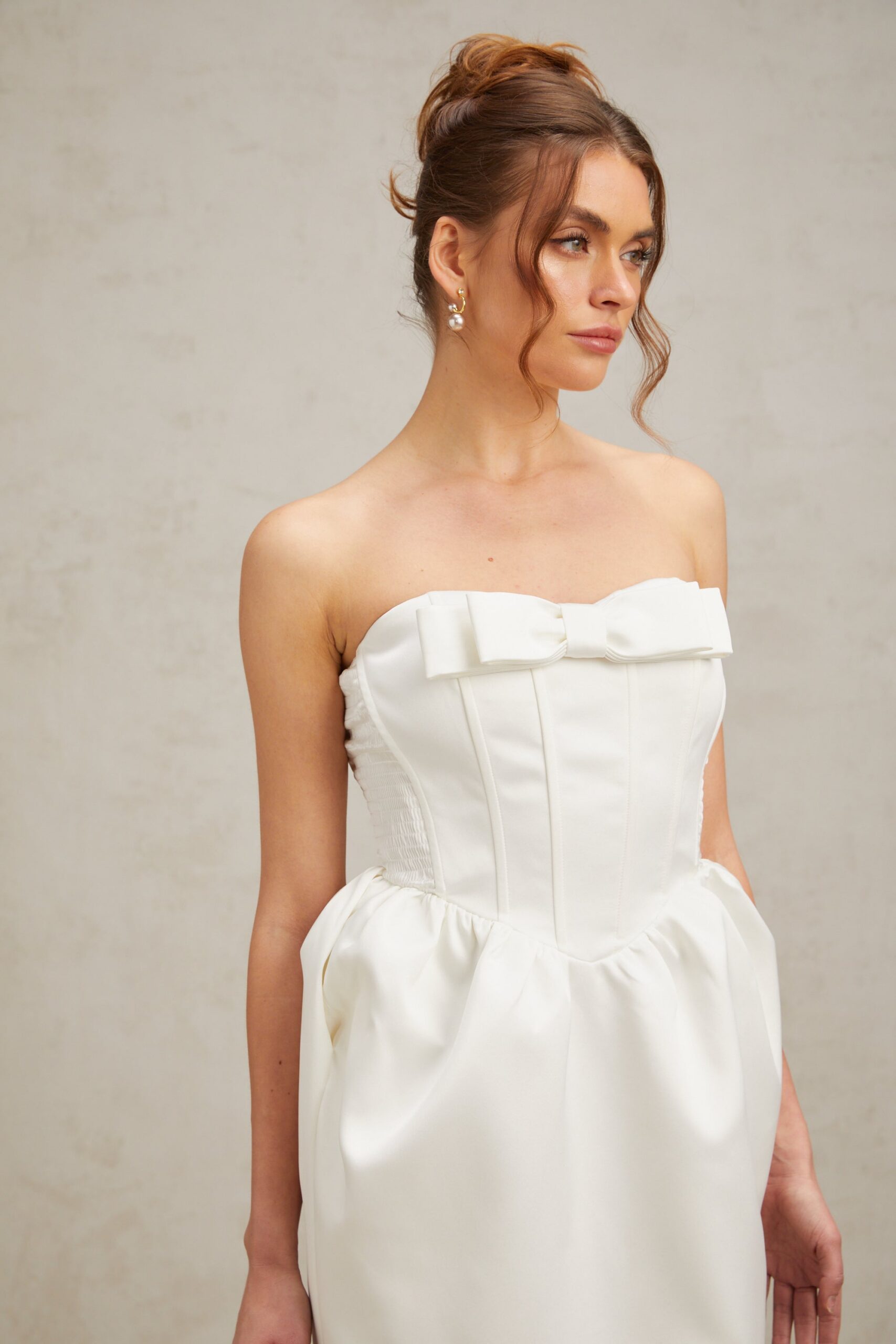 SATIN STRAPLESS WHITE MAXI DRESS, BOW DETAIL