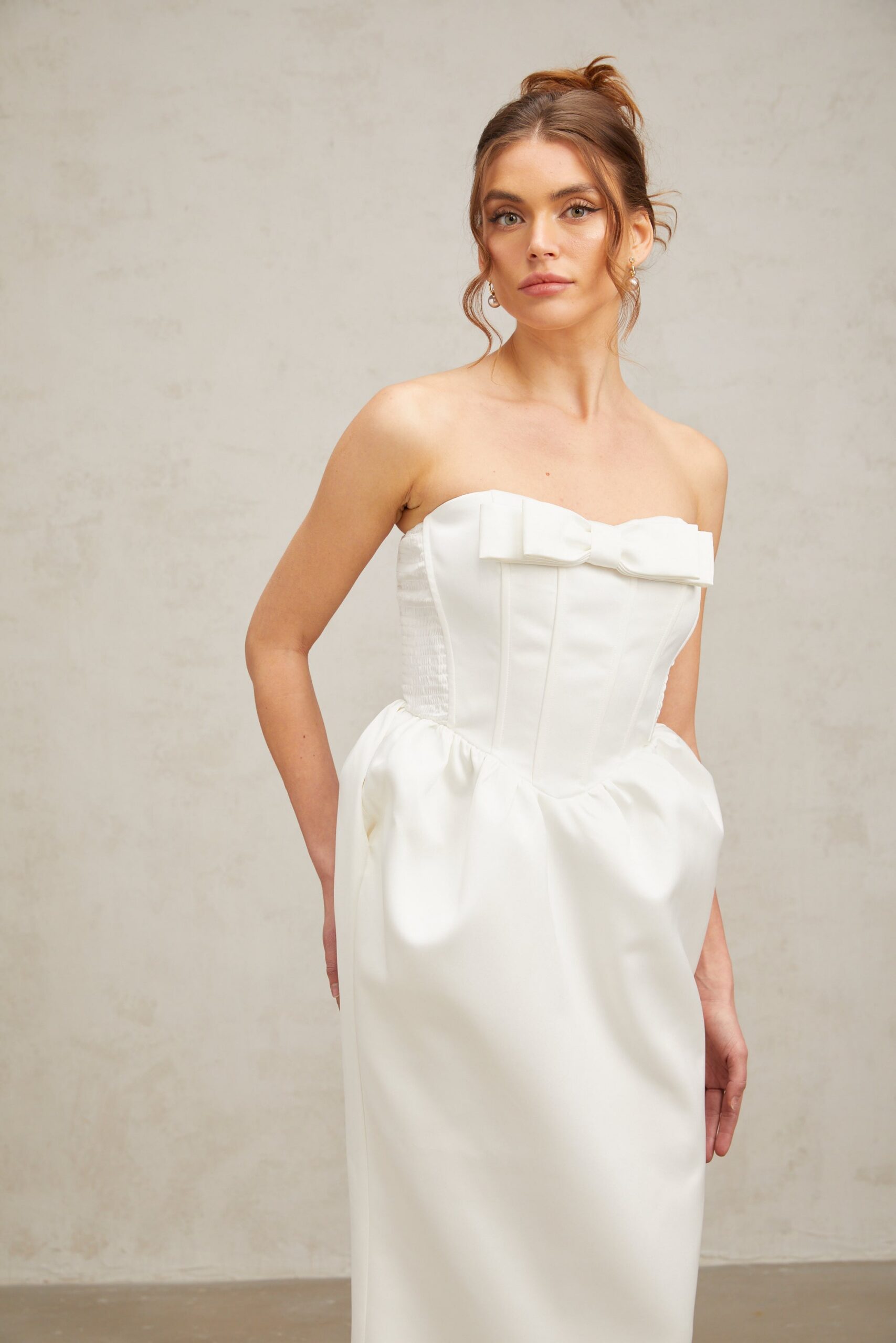 SATIN STRAPLESS WHITE MAXI DRESS, BOW DETAIL