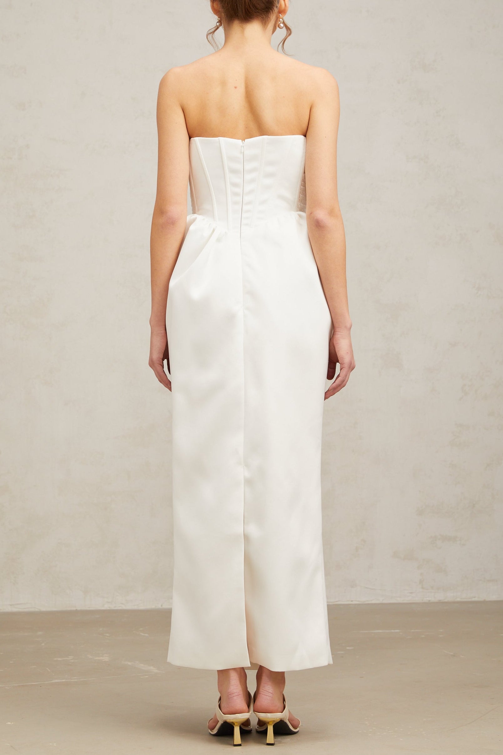 SATIN STRAPLESS WHITE MAXI DRESS, BOW DETAIL