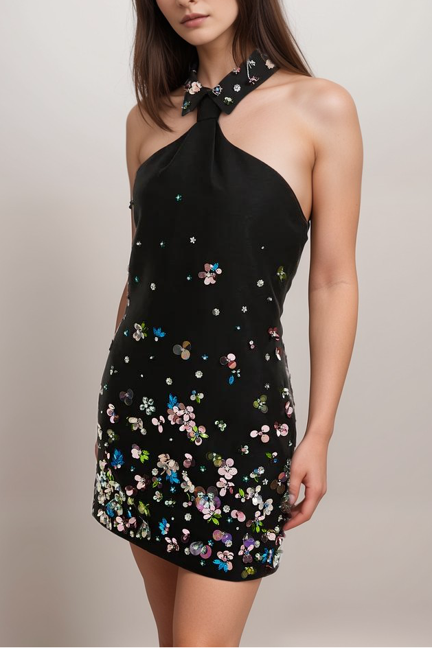 ROSELINE EMBELLISHED HALTER MINI DRESS