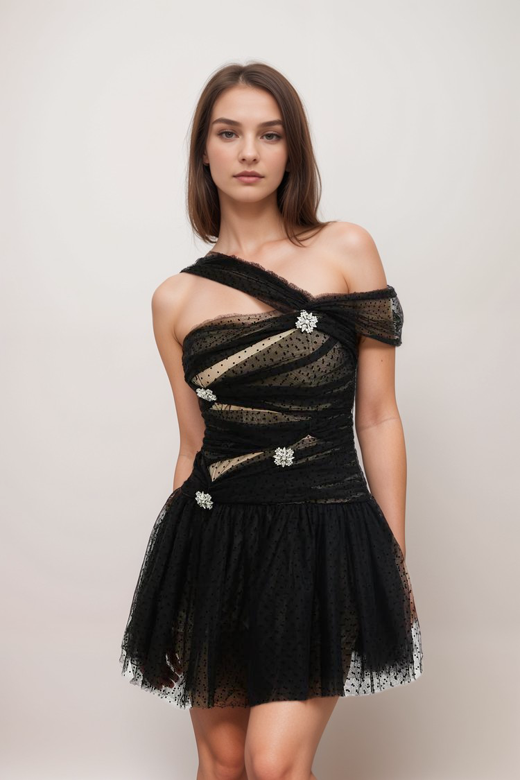 HAMEDA POLKA-DOT TULLE MINI DRESS FOR PARTY