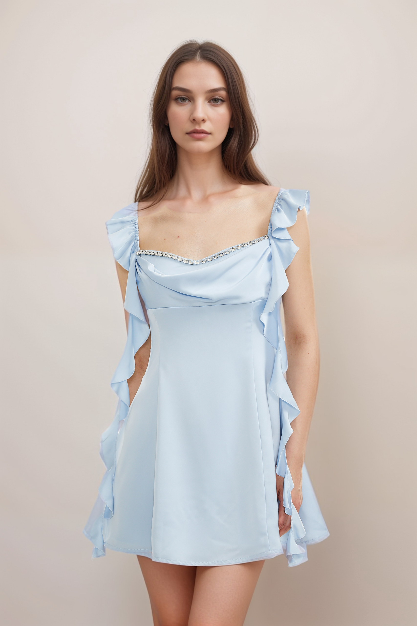 RENO COWL-NECK MINI DRESS WITH EMBELLISHMENTS