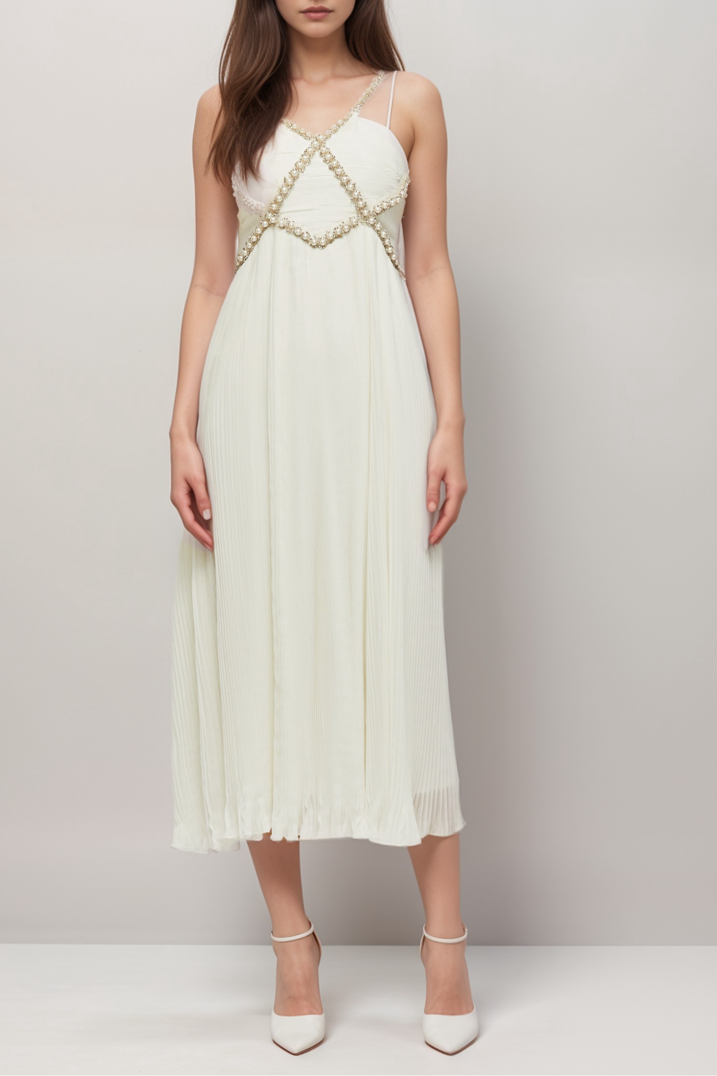 HERMINE V-NECK MIDI DRESS WITH FAUX PEARLS