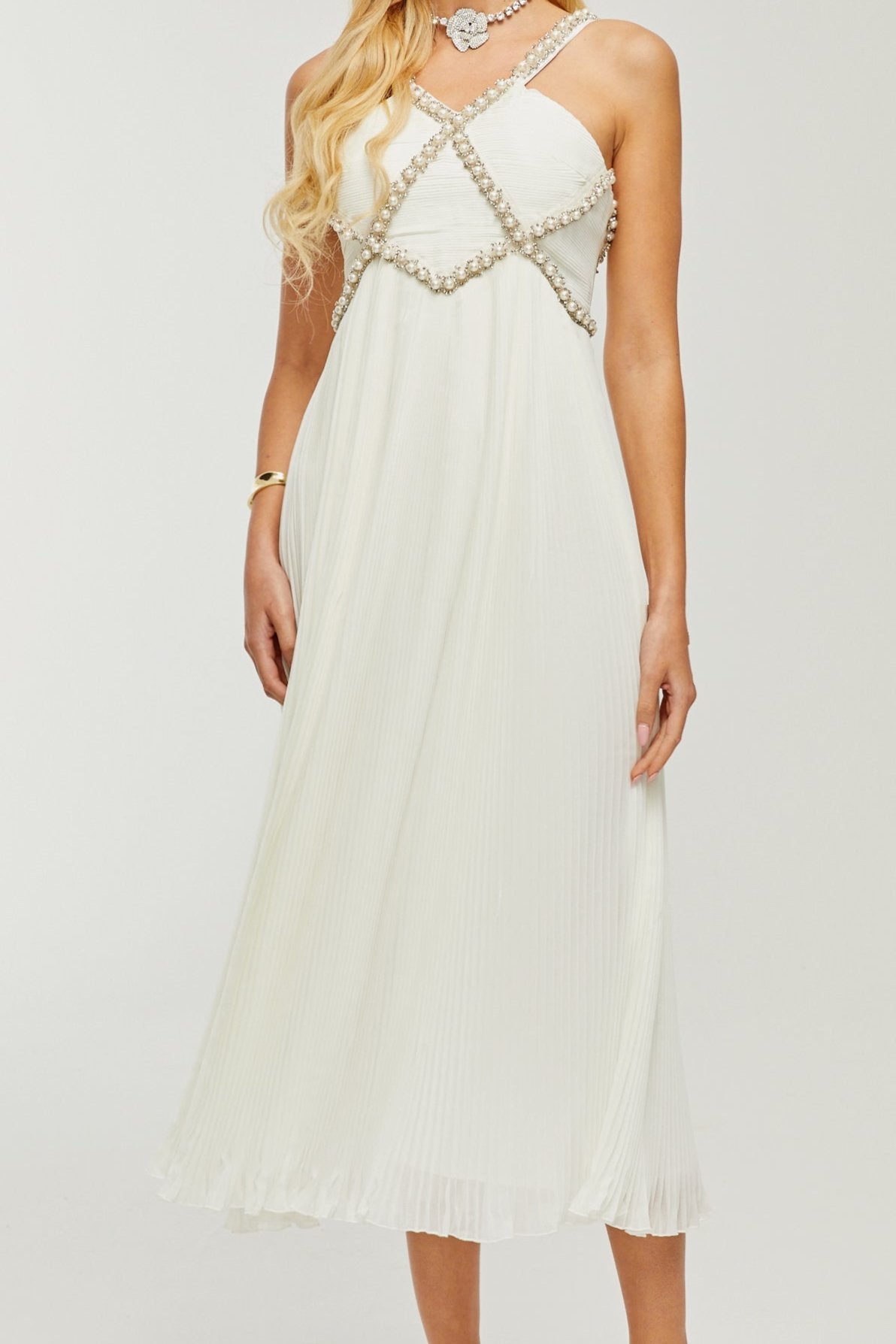 HERMINE V-NECK MIDI DRESS WITH FAUX PEARLS