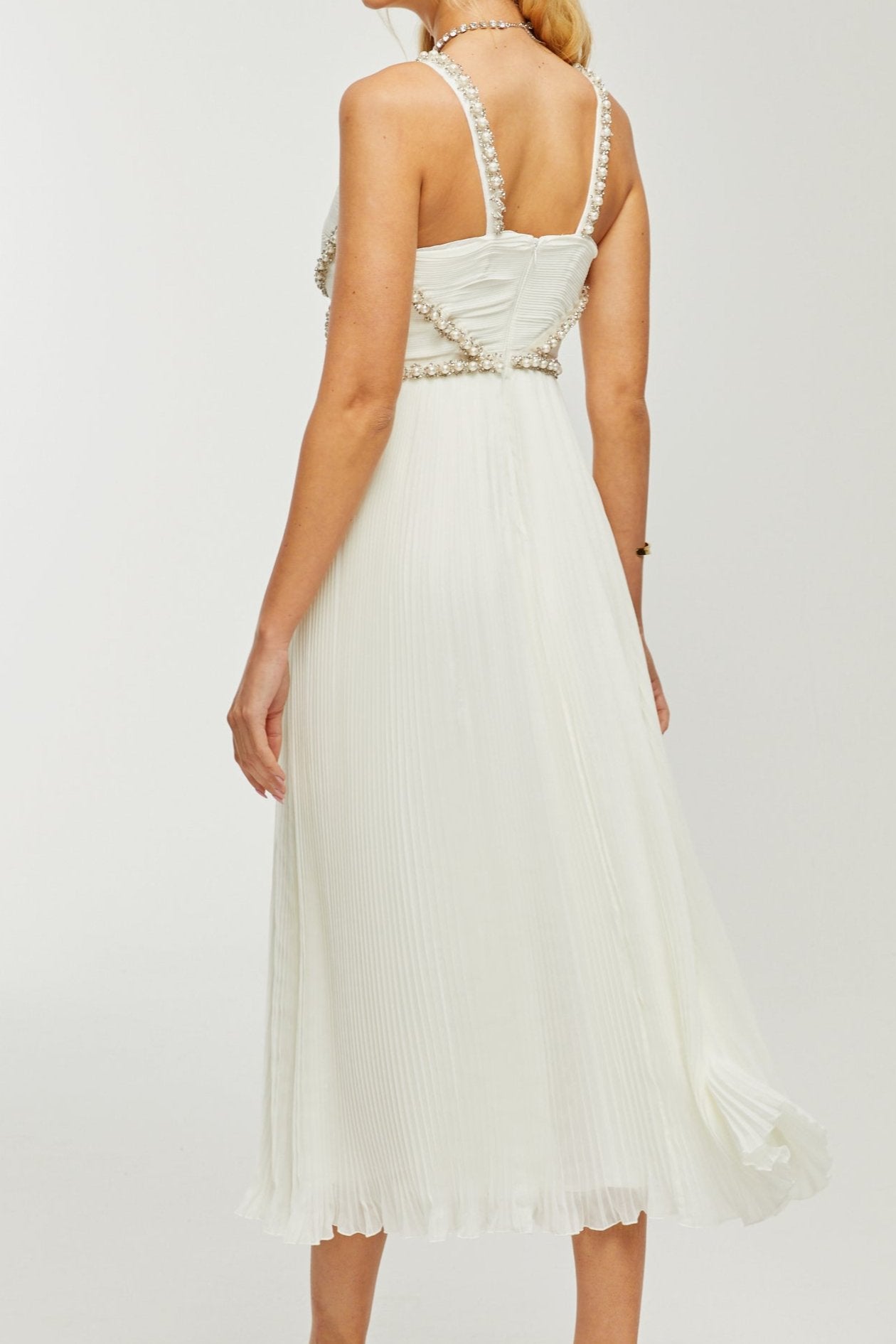HERMINE V-NECK MIDI DRESS WITH FAUX PEARLS