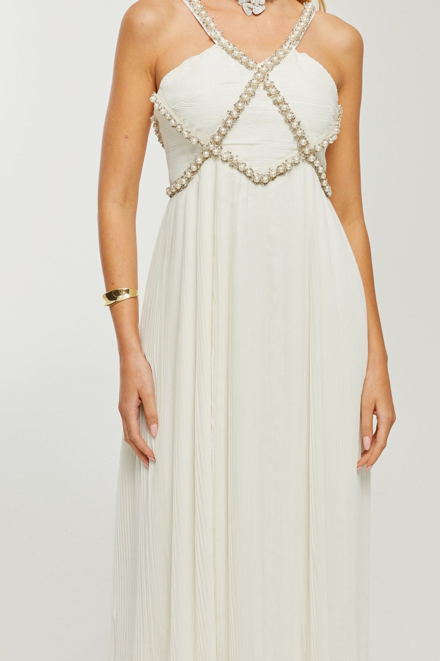 HERMINE V-NECK MIDI DRESS WITH FAUX PEARLS
