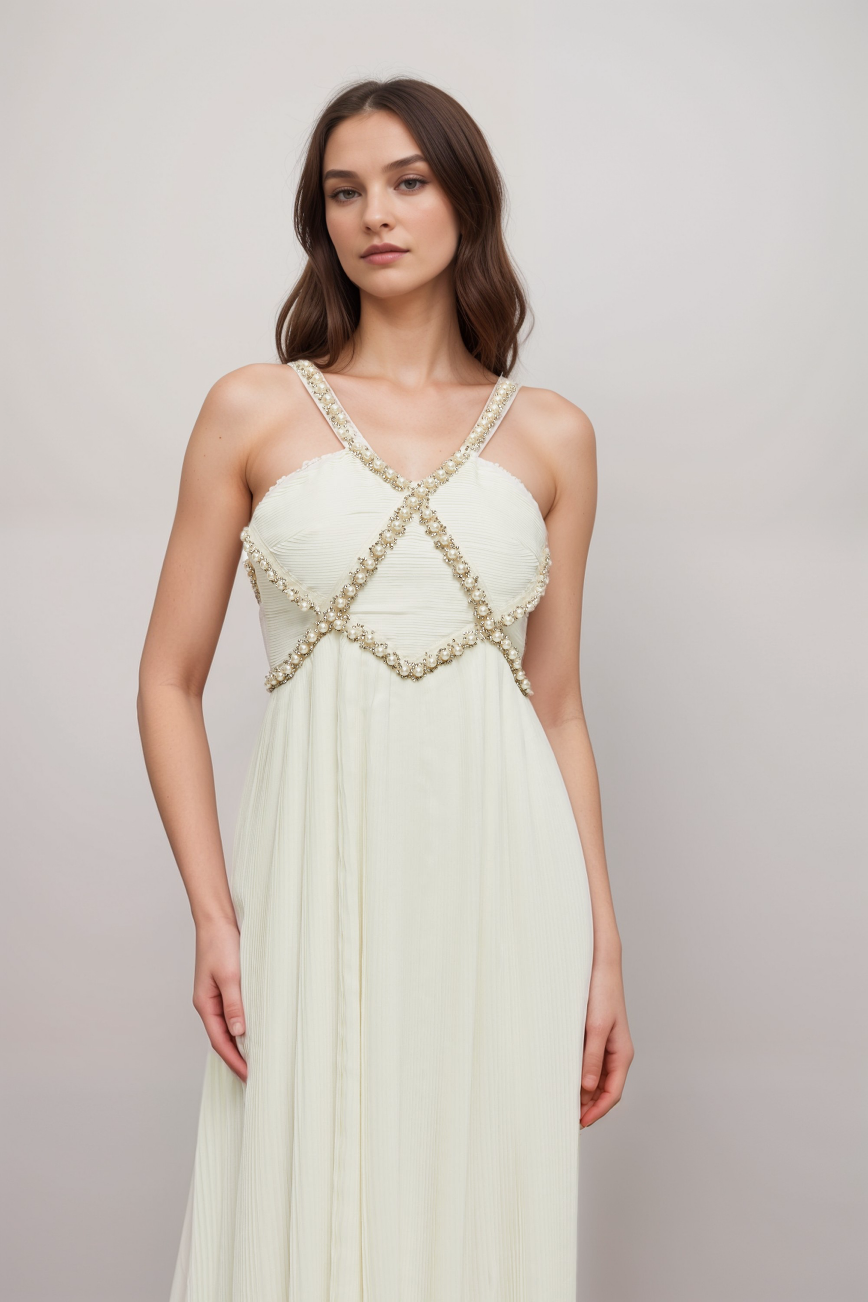 HERMINE V-NECK MIDI DRESS WITH FAUX PEARLS