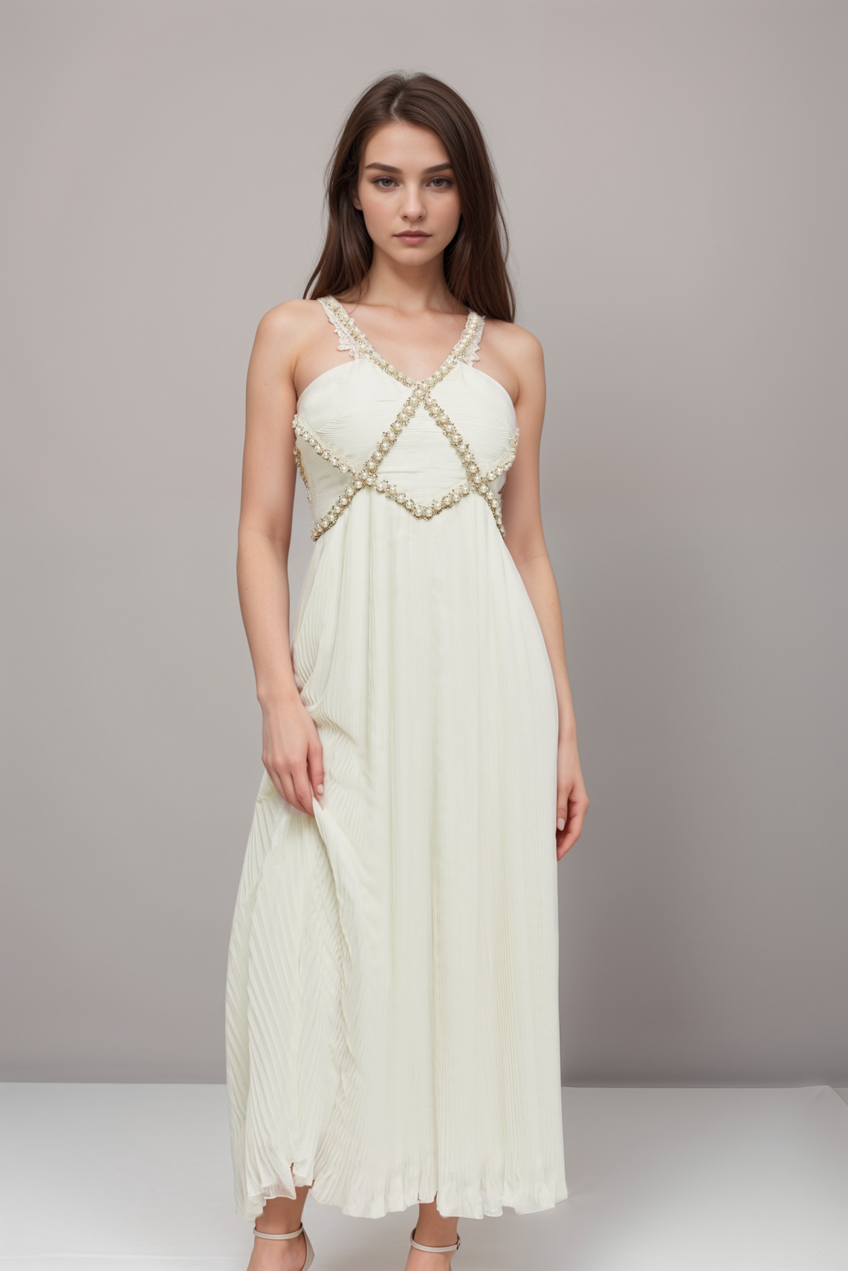 HERMINE V-NECK MIDI DRESS WITH FAUX PEARLS