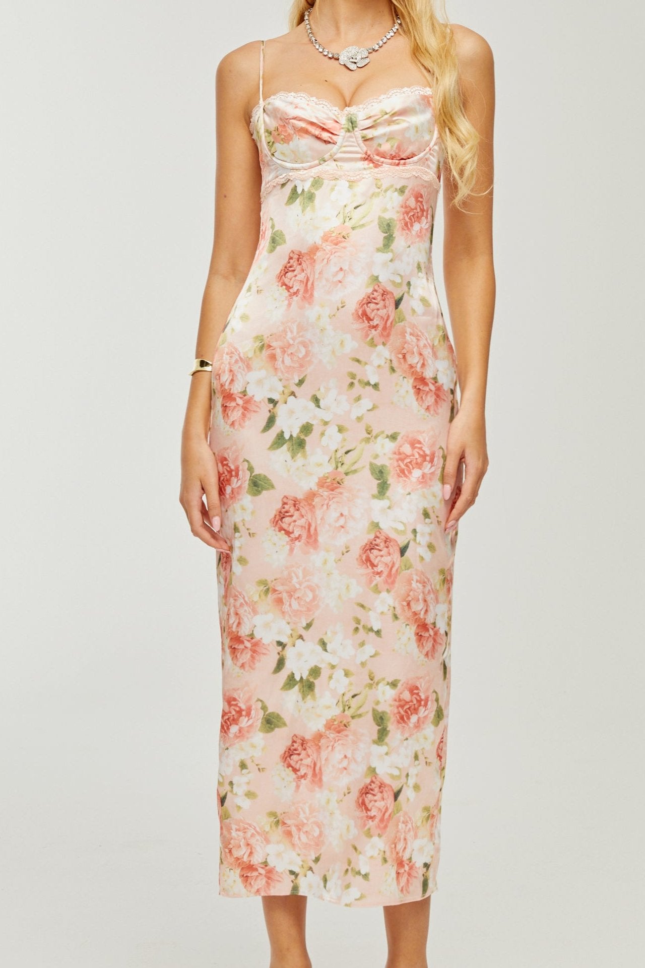 YVETTE PINK FLORAL SATIN MAXI DRESS FOR WEDDING