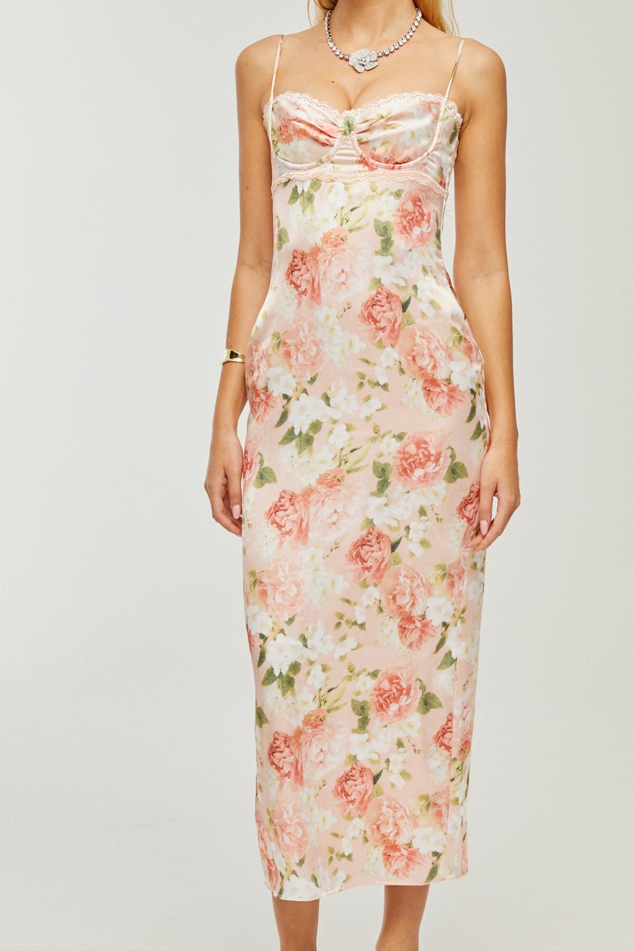 YVETTE PINK FLORAL SATIN MAXI DRESS FOR WEDDING