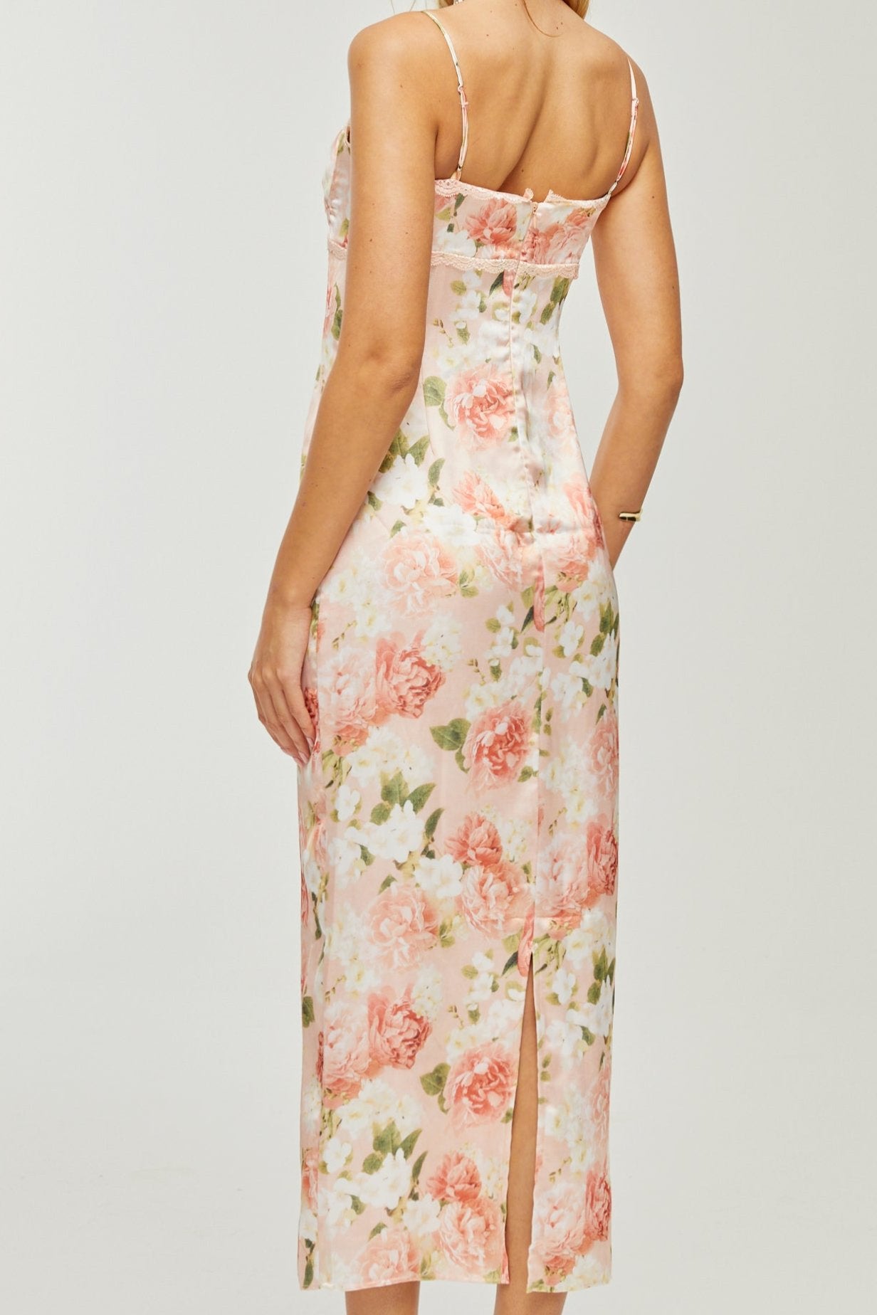 YVETTE PINK FLORAL SATIN MAXI DRESS FOR WEDDING