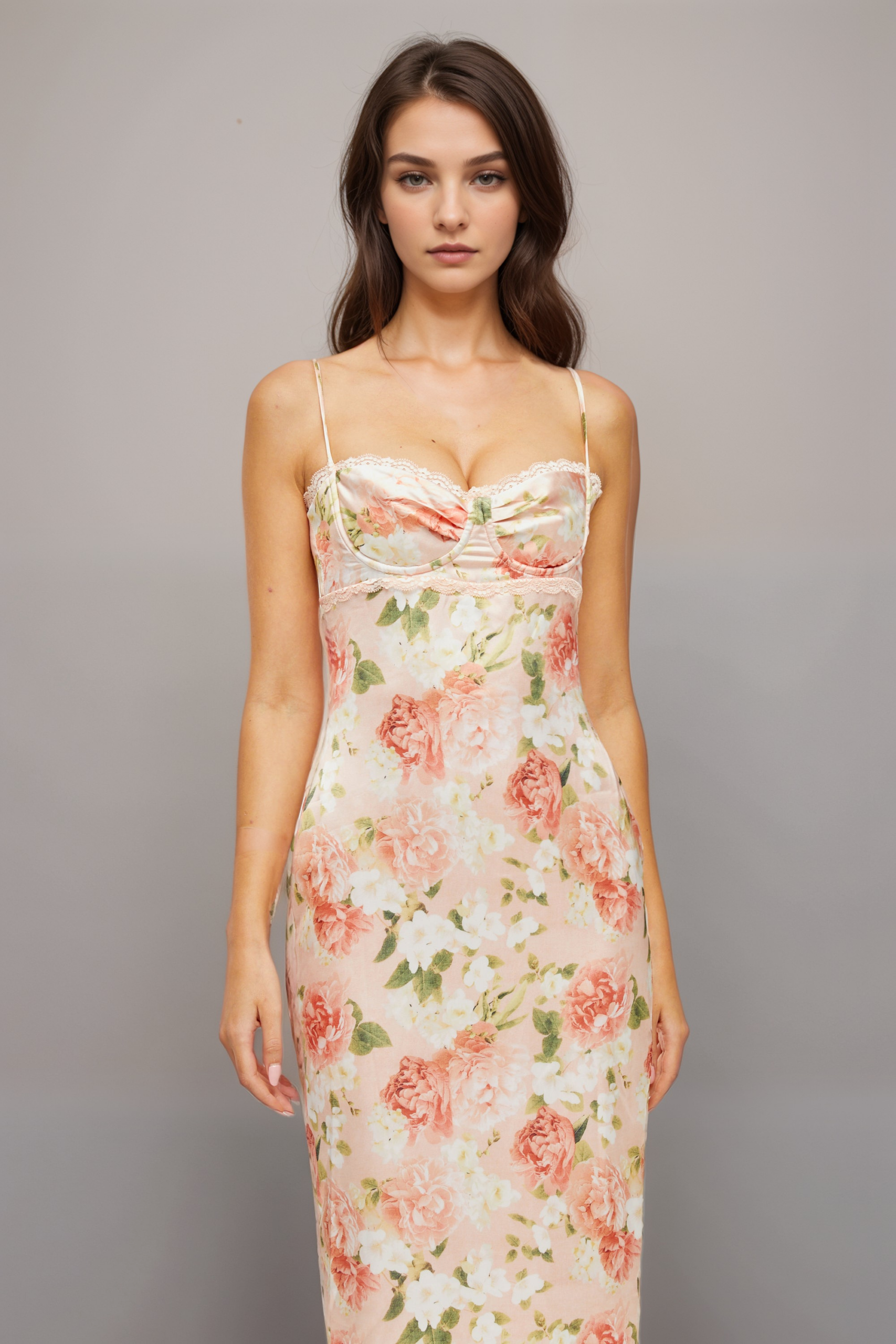 YVETTE PINK FLORAL SATIN MAXI DRESS FOR WEDDING
