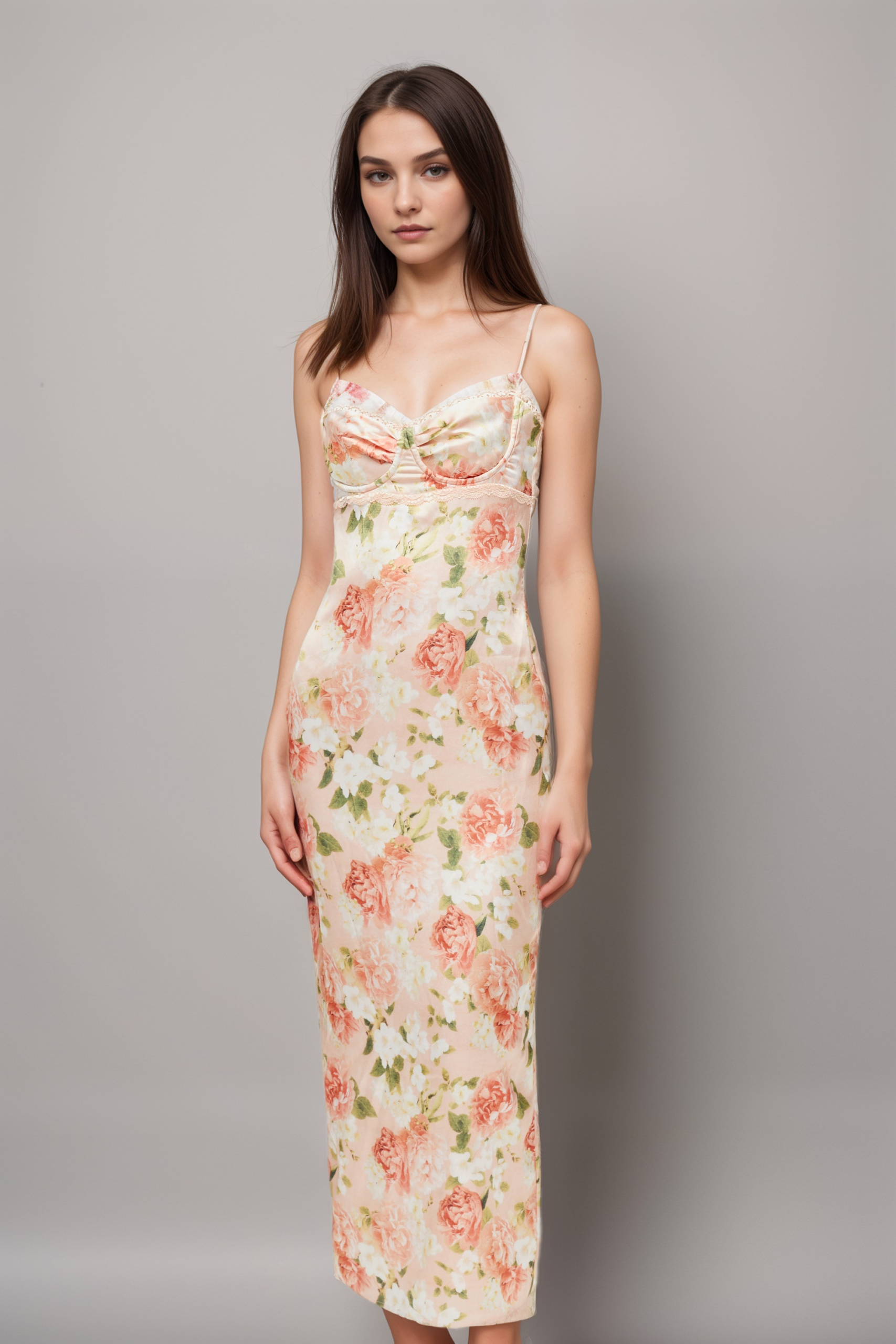 YVETTE PINK FLORAL SATIN MAXI DRESS FOR WEDDING