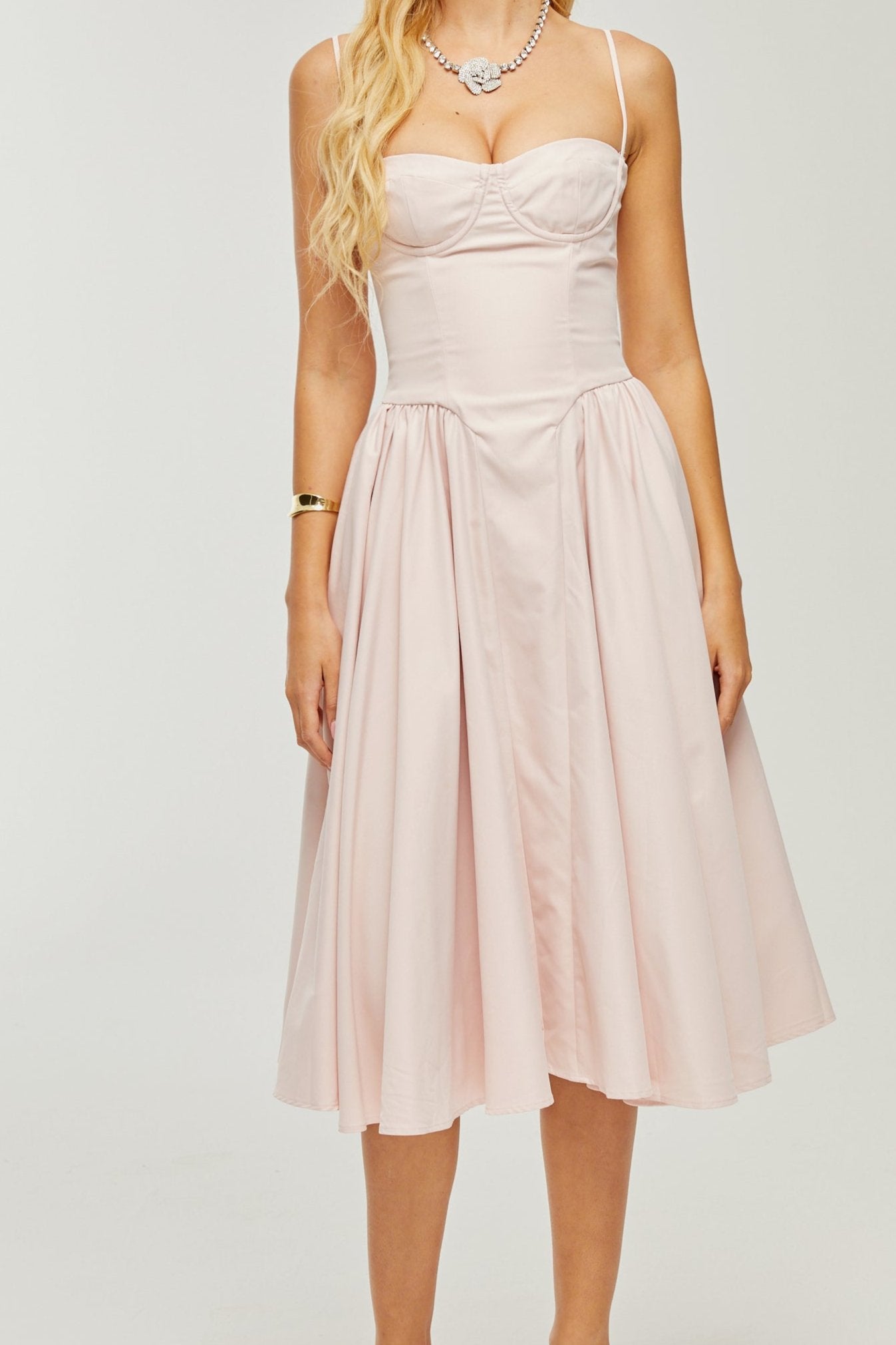 PINK PLEATED CORSET MIDI DRESS FOR WEDDING