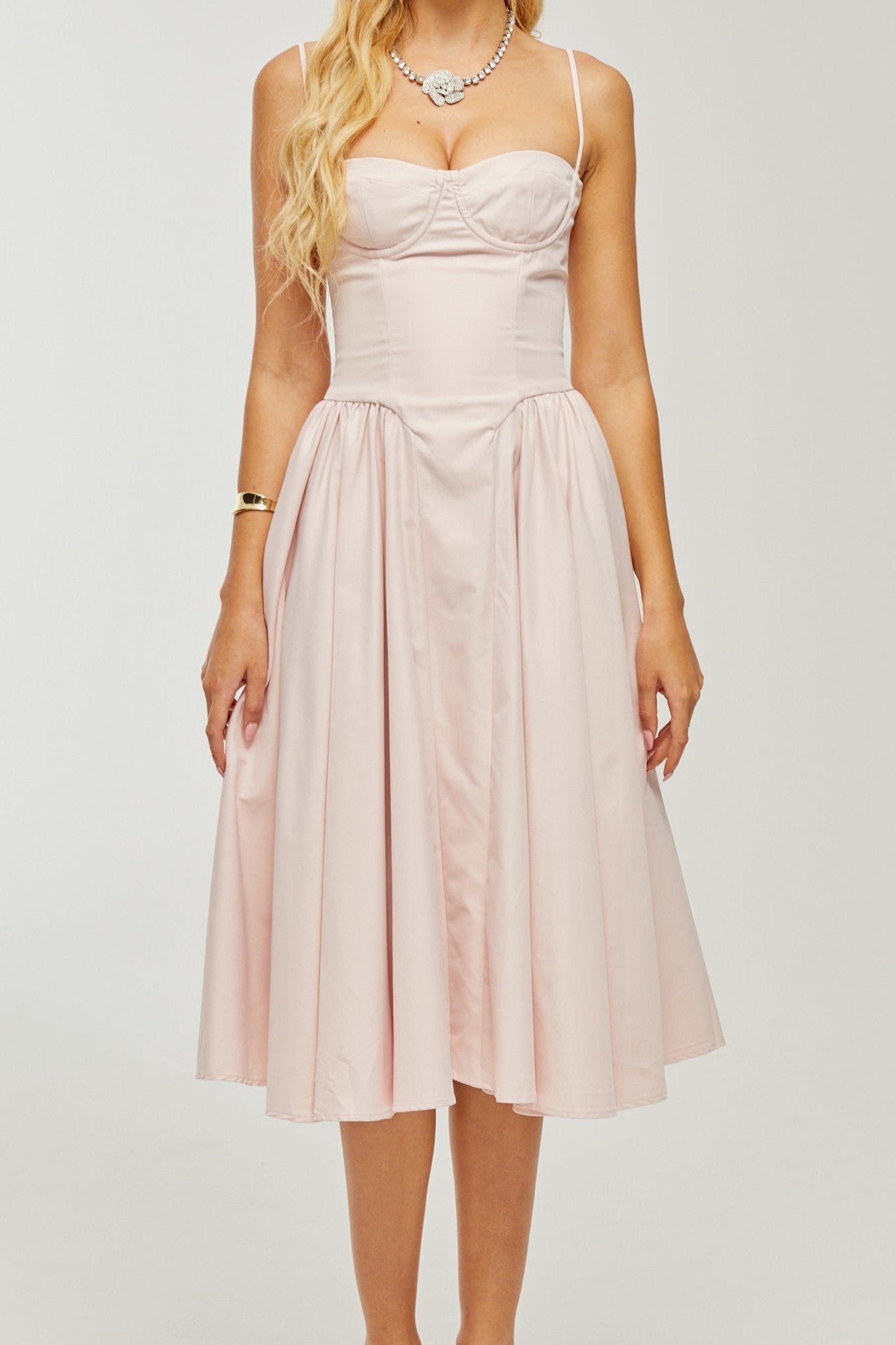 PINK PLEATED CORSET MIDI DRESS FOR WEDDING