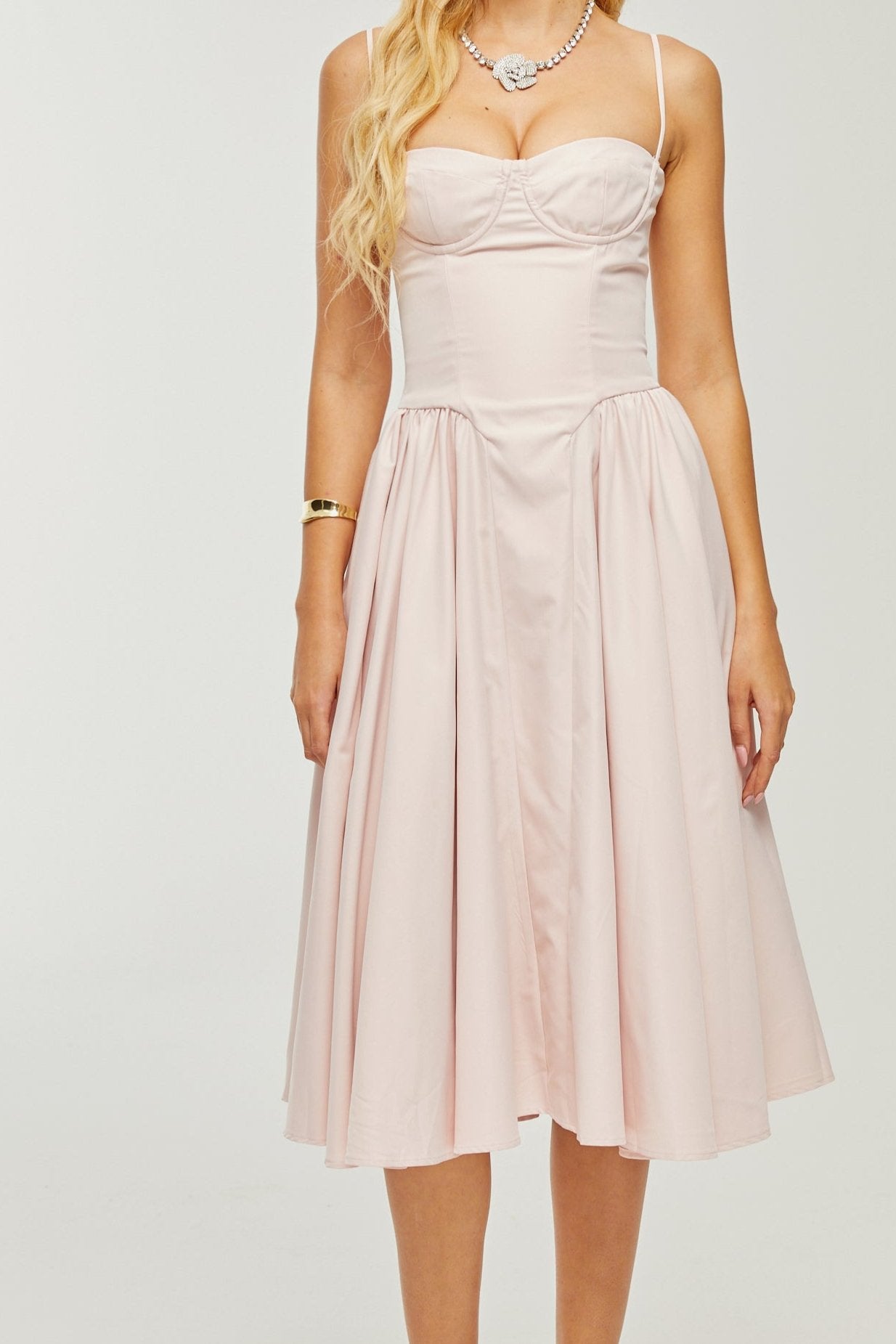 PINK PLEATED CORSET MIDI DRESS FOR WEDDING