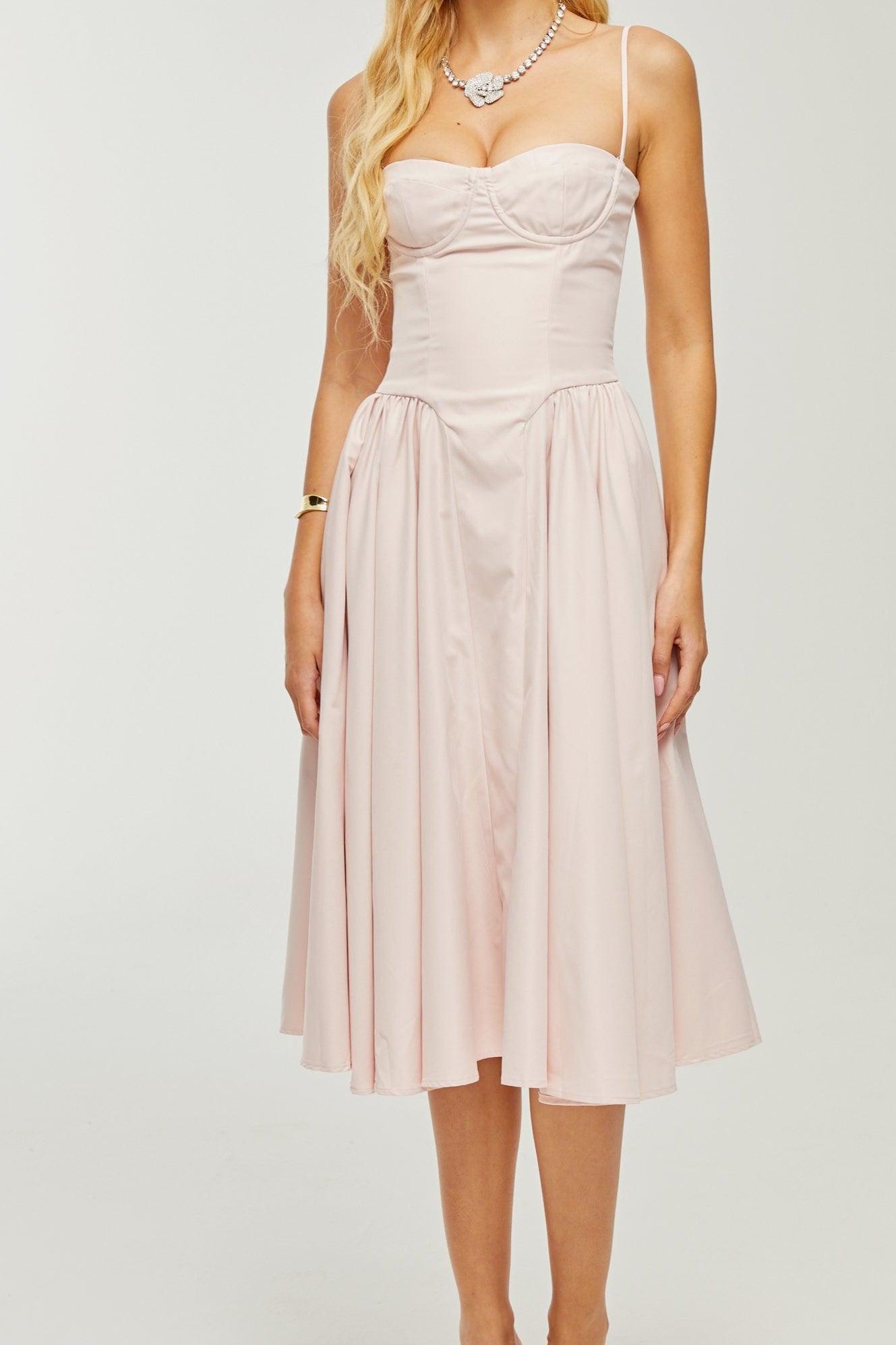 PINK PLEATED CORSET MIDI DRESS FOR WEDDING