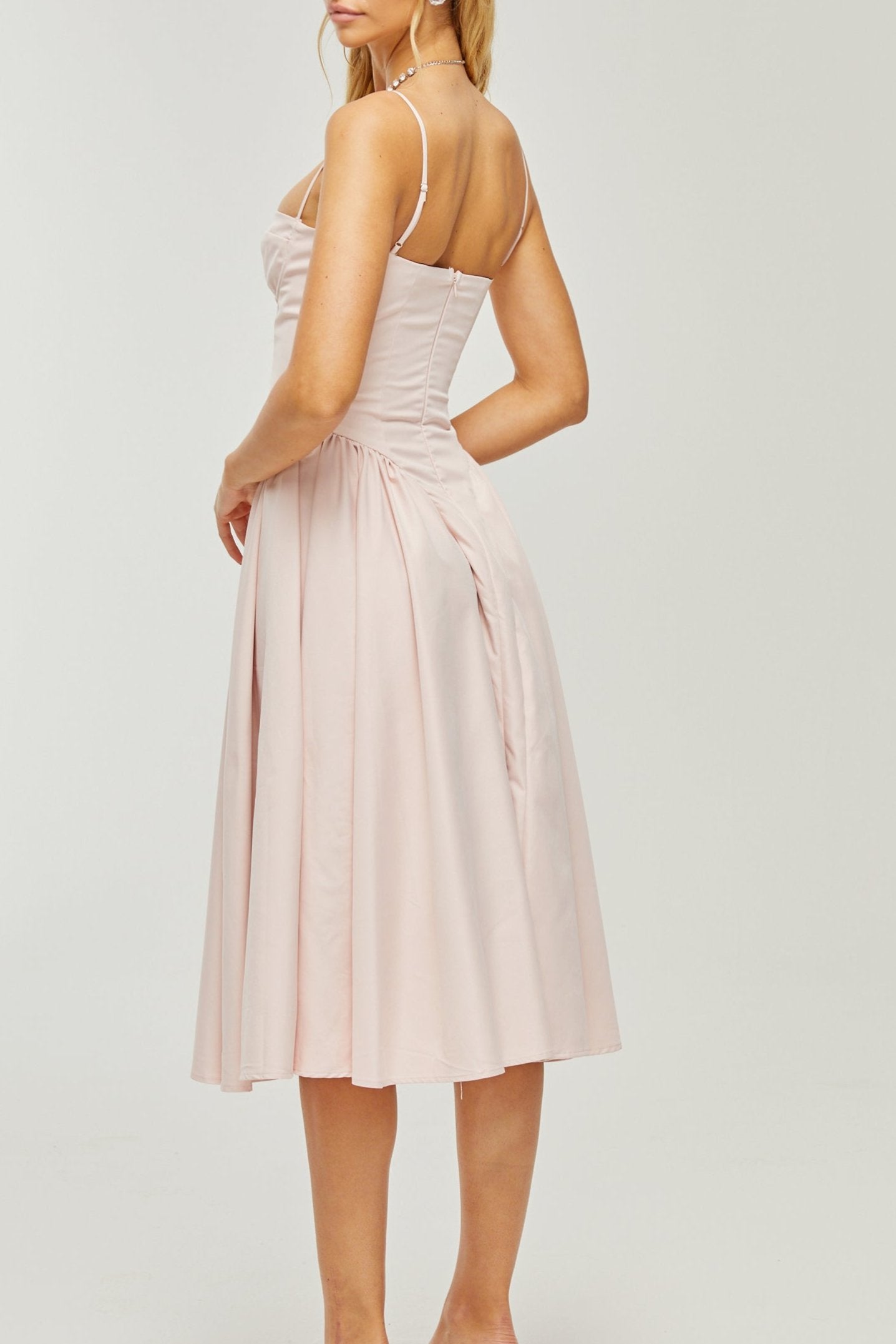 PINK PLEATED CORSET MIDI DRESS FOR WEDDING