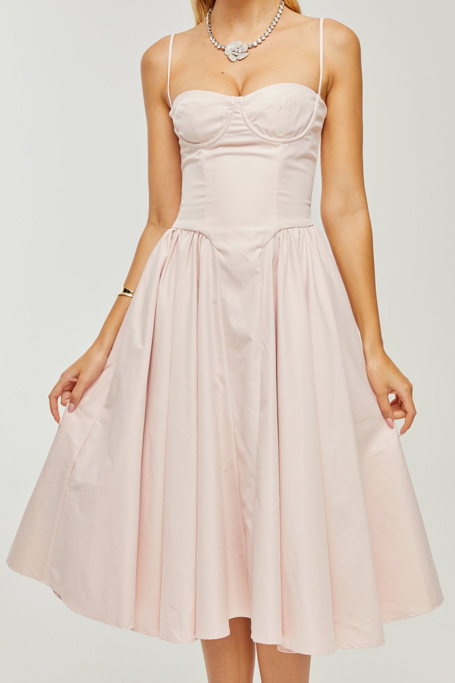 PINK PLEATED CORSET MIDI DRESS FOR WEDDING