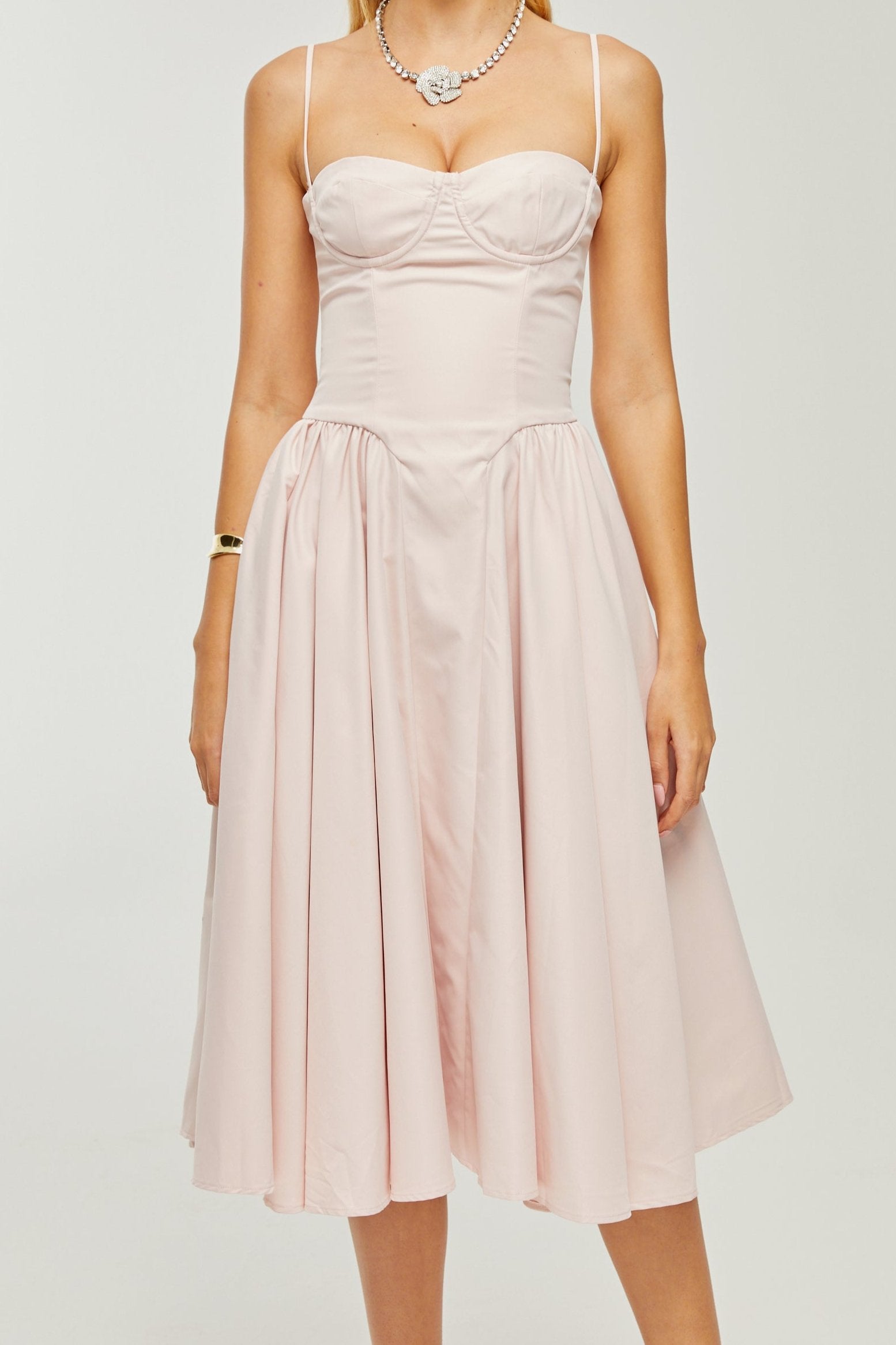 PINK PLEATED CORSET MIDI DRESS FOR WEDDING