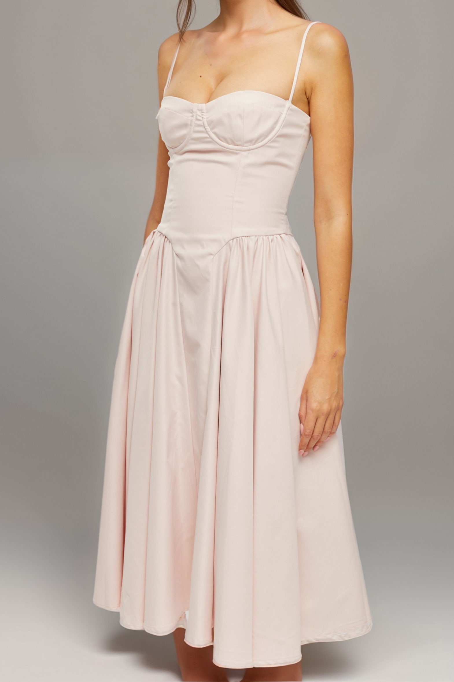PINK PLEATED CORSET MIDI DRESS FOR WEDDING