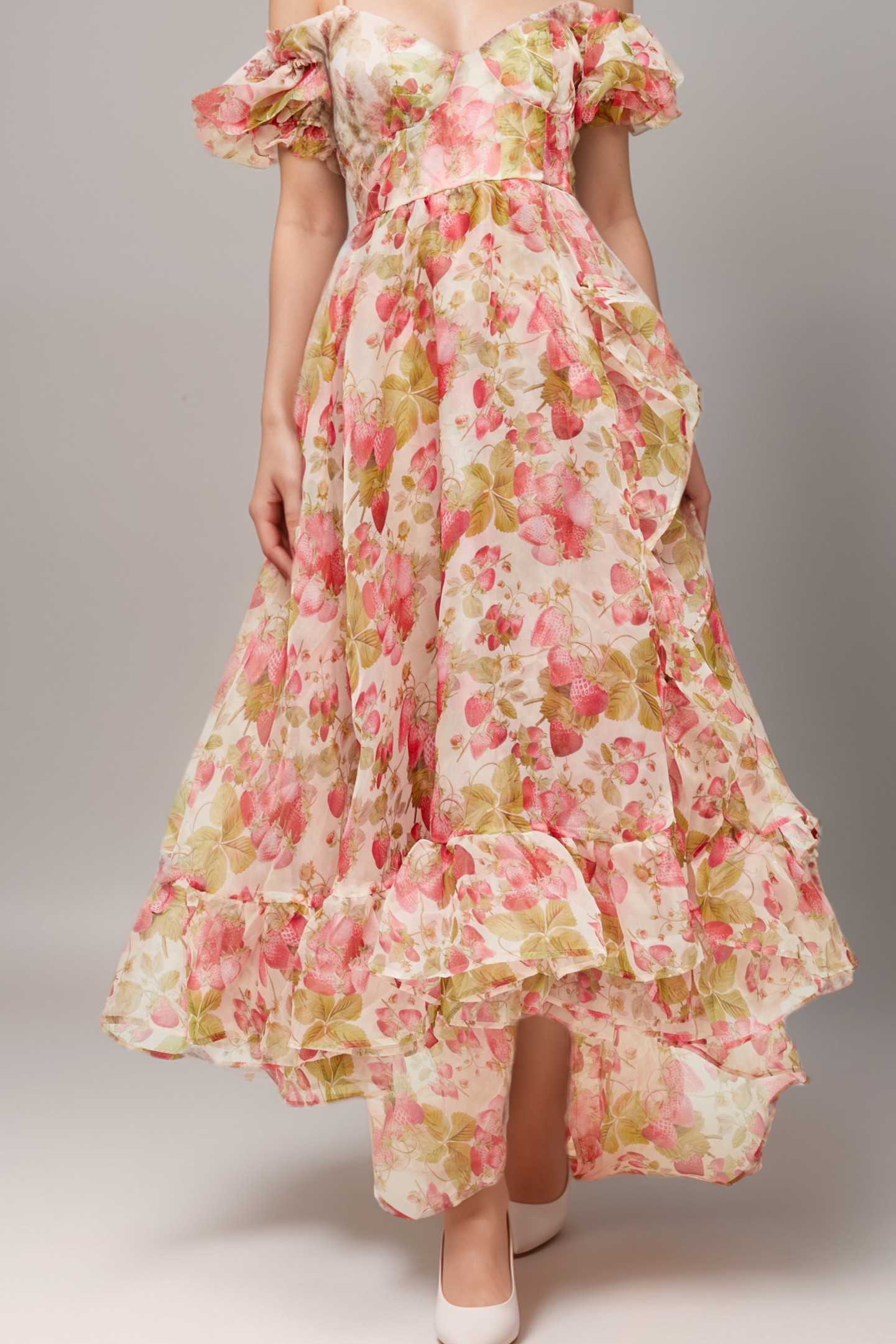 GENEVIÈVE RUFFLED FRUIT PRINT MAXI DRESS