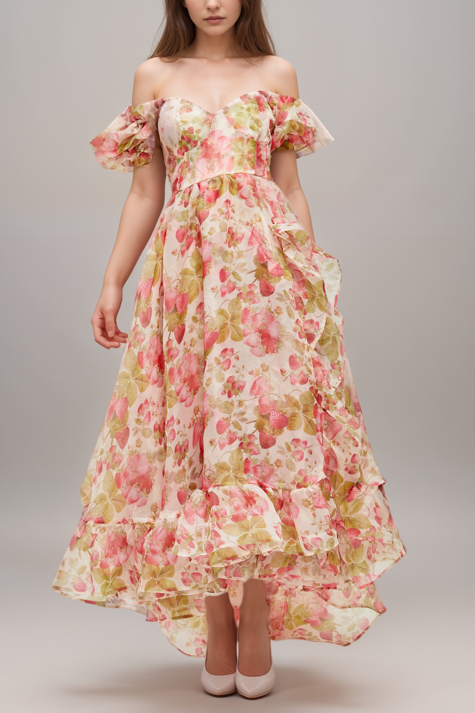 GENEVIÈVE RUFFLED FRUIT PRINT MAXI DRESS