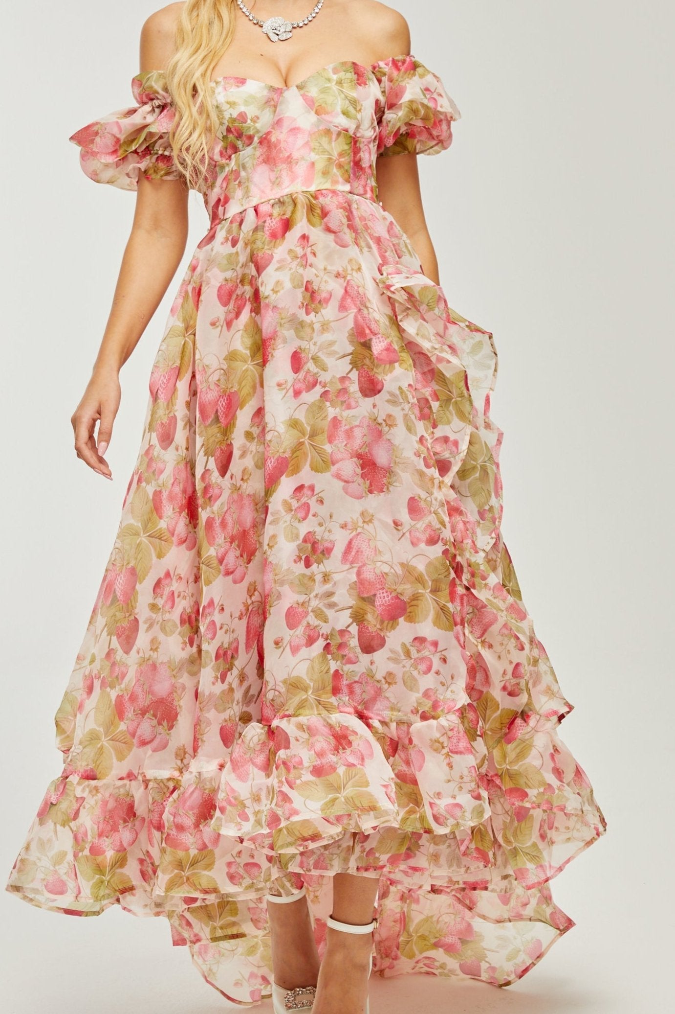 GENEVIÈVE RUFFLED FRUIT PRINT MAXI DRESS
