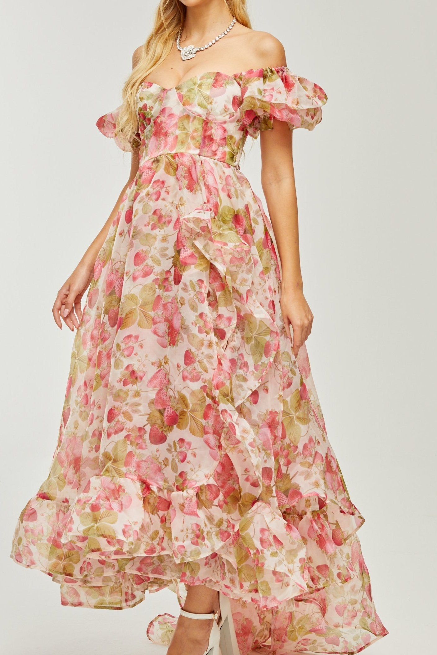 GENEVIÈVE RUFFLED FRUIT PRINT MAXI DRESS