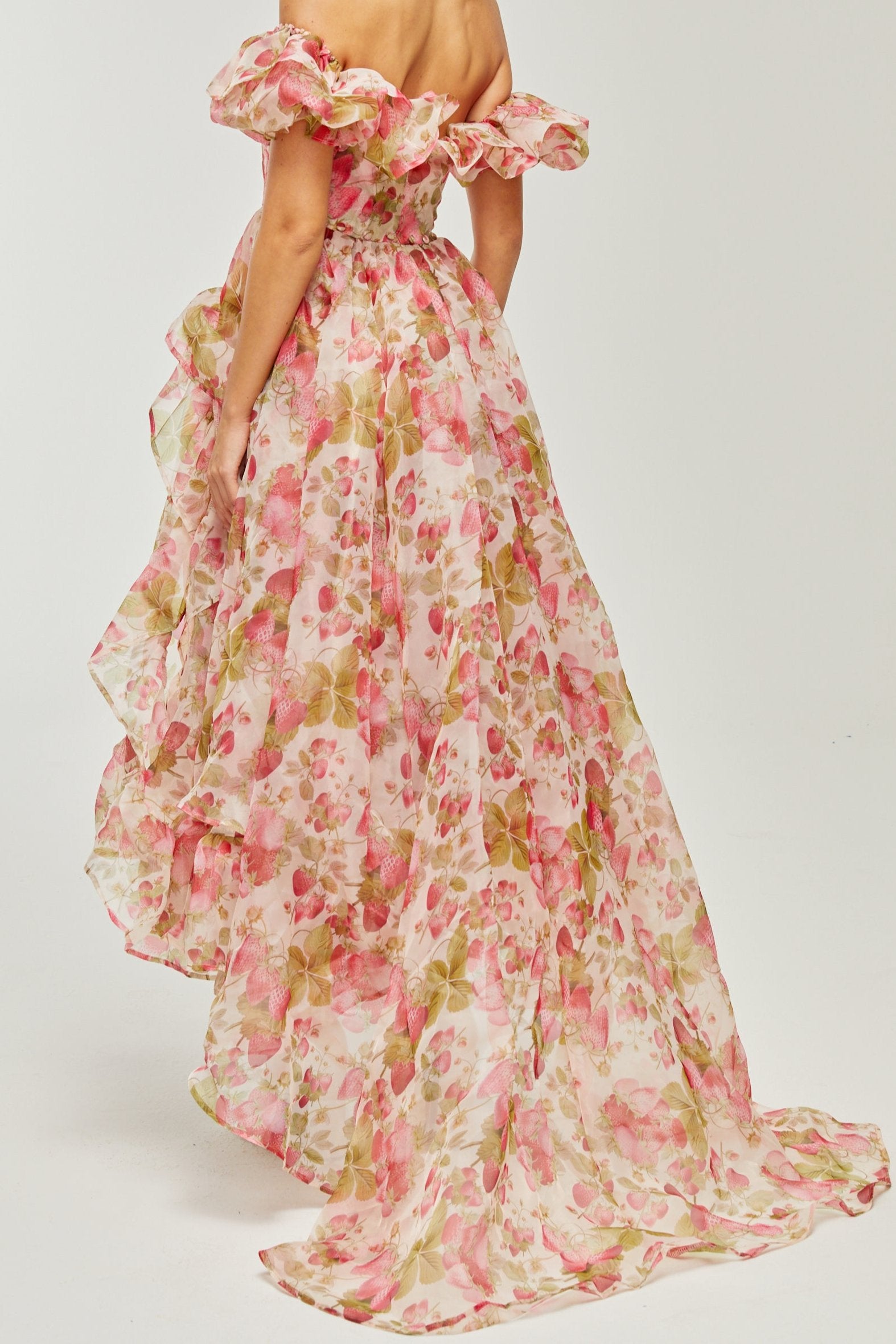 GENEVIÈVE RUFFLED FRUIT PRINT MAXI DRESS