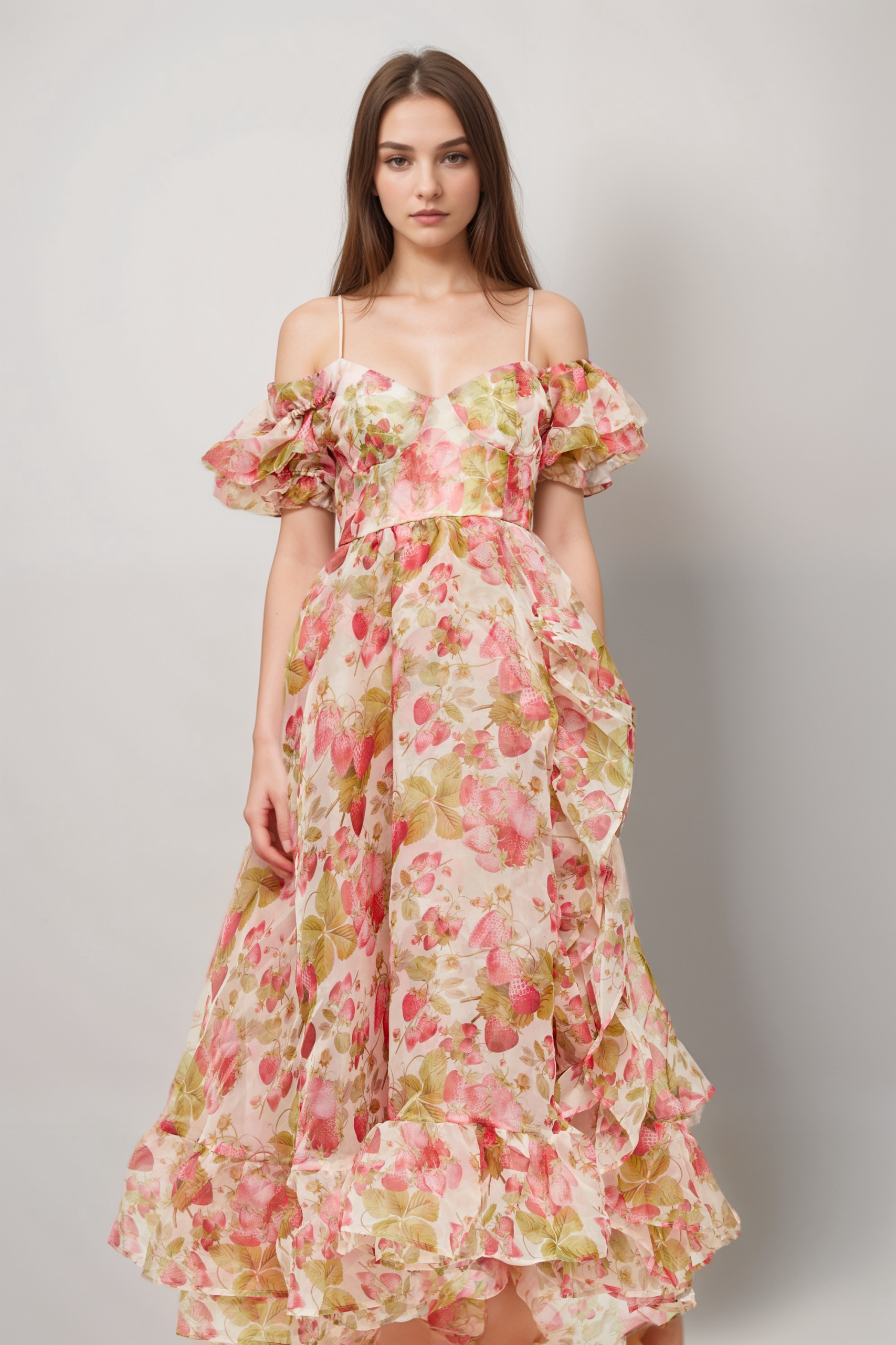 GENEVIÈVE RUFFLED FRUIT PRINT MAXI DRESS