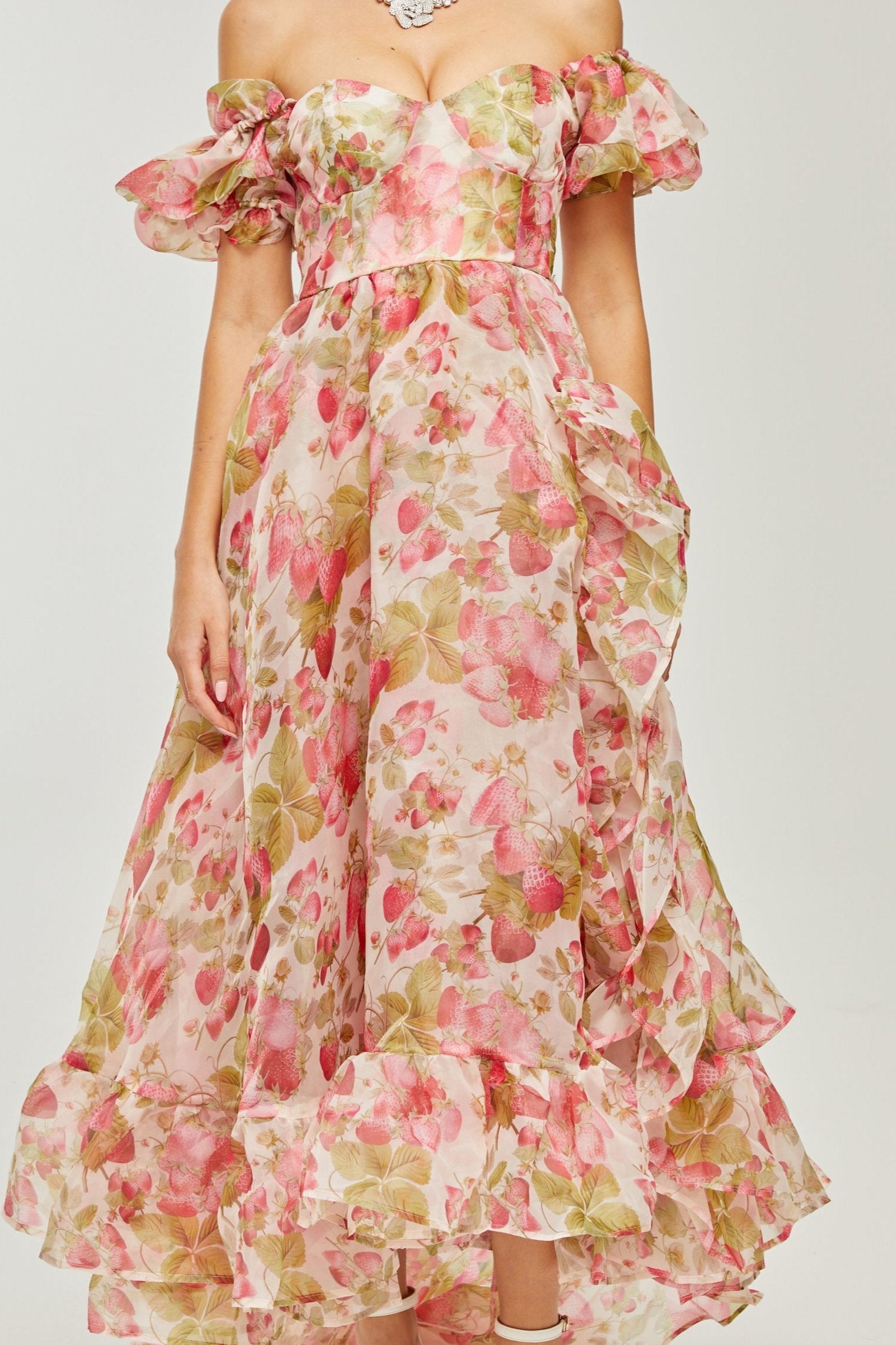 GENEVIÈVE RUFFLED FRUIT PRINT MAXI DRESS